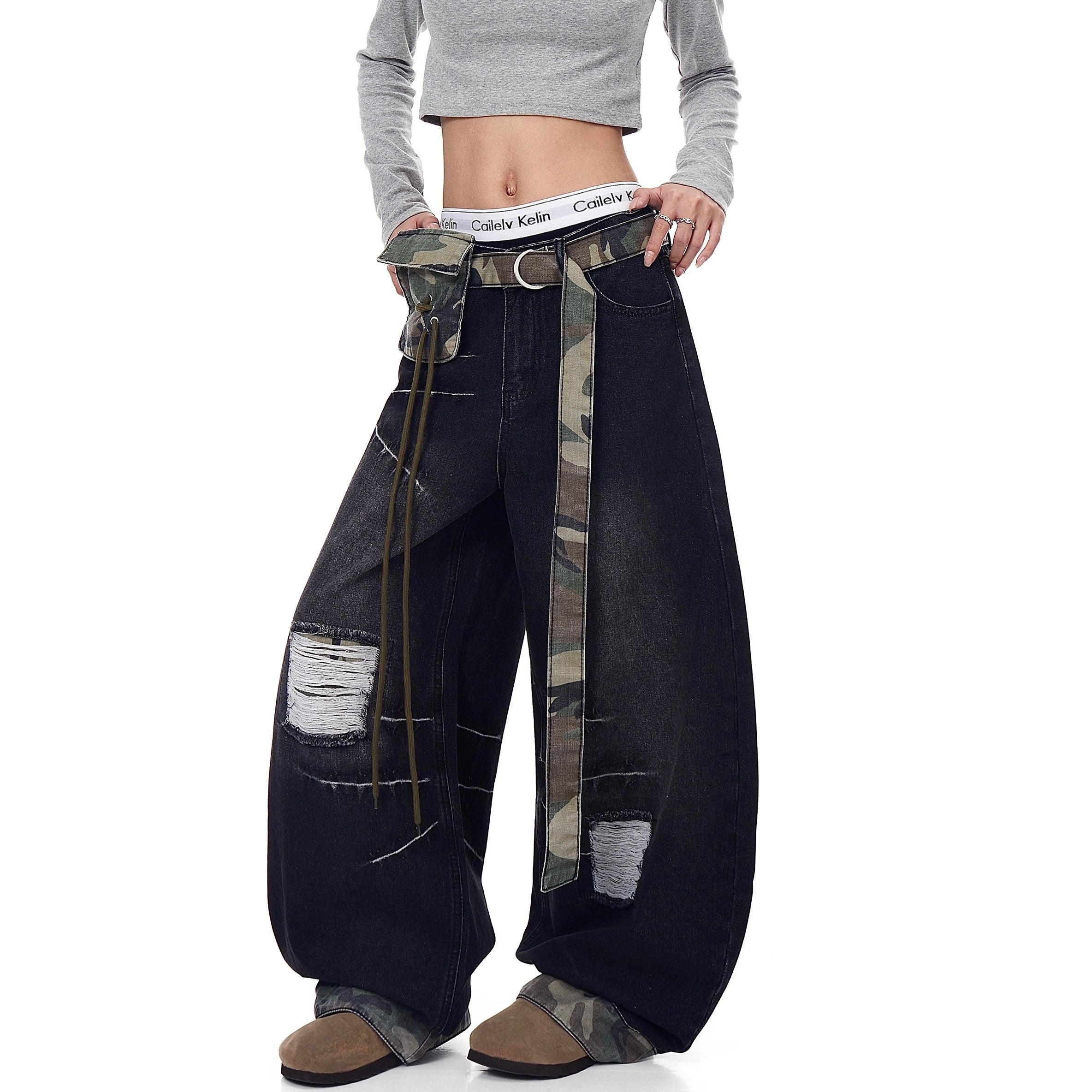 Patchwork Ripped Curve Jeans With Camouflage Belt Bag MW10240