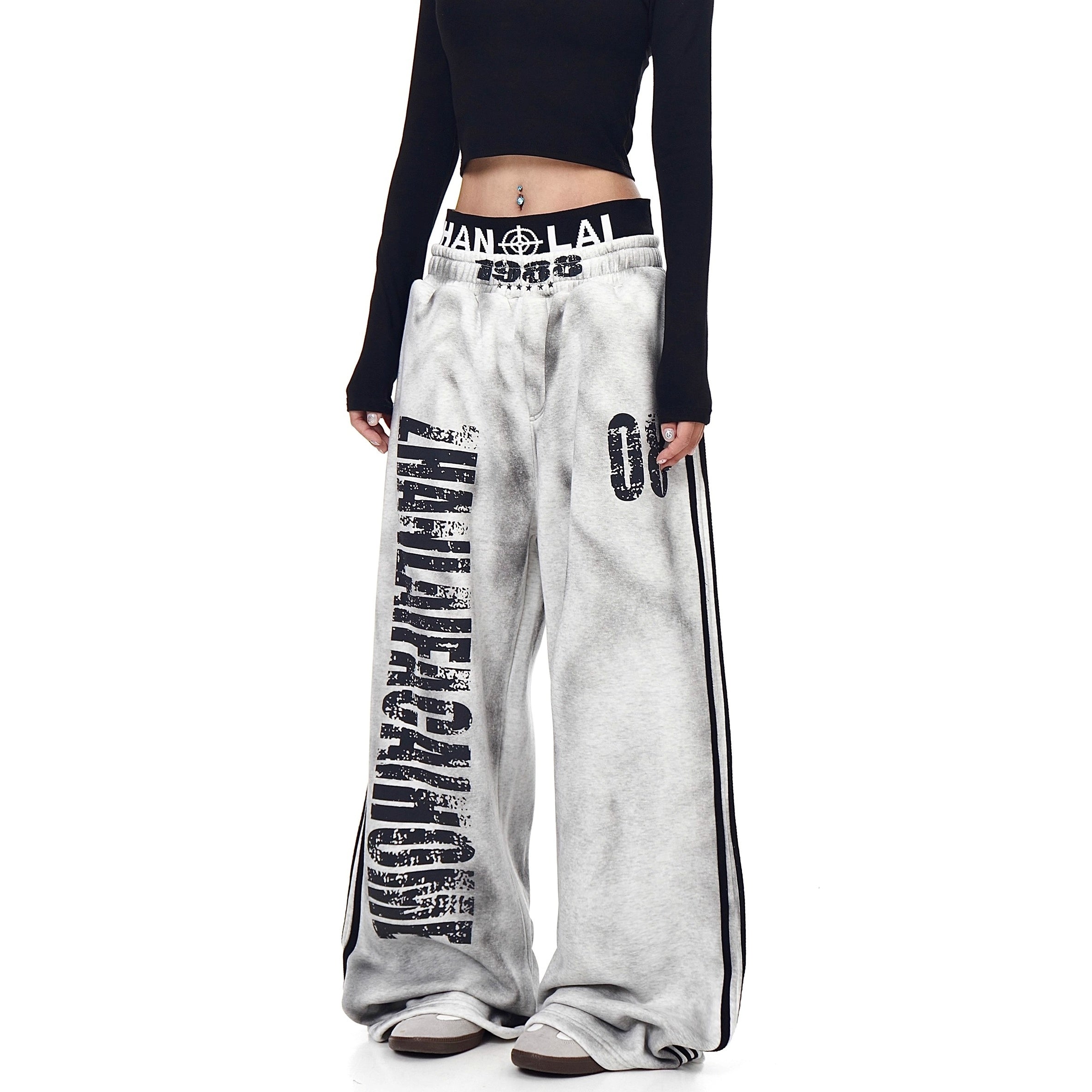 Dirty Distressed Printed Double Waist Sweat Pants BK7041