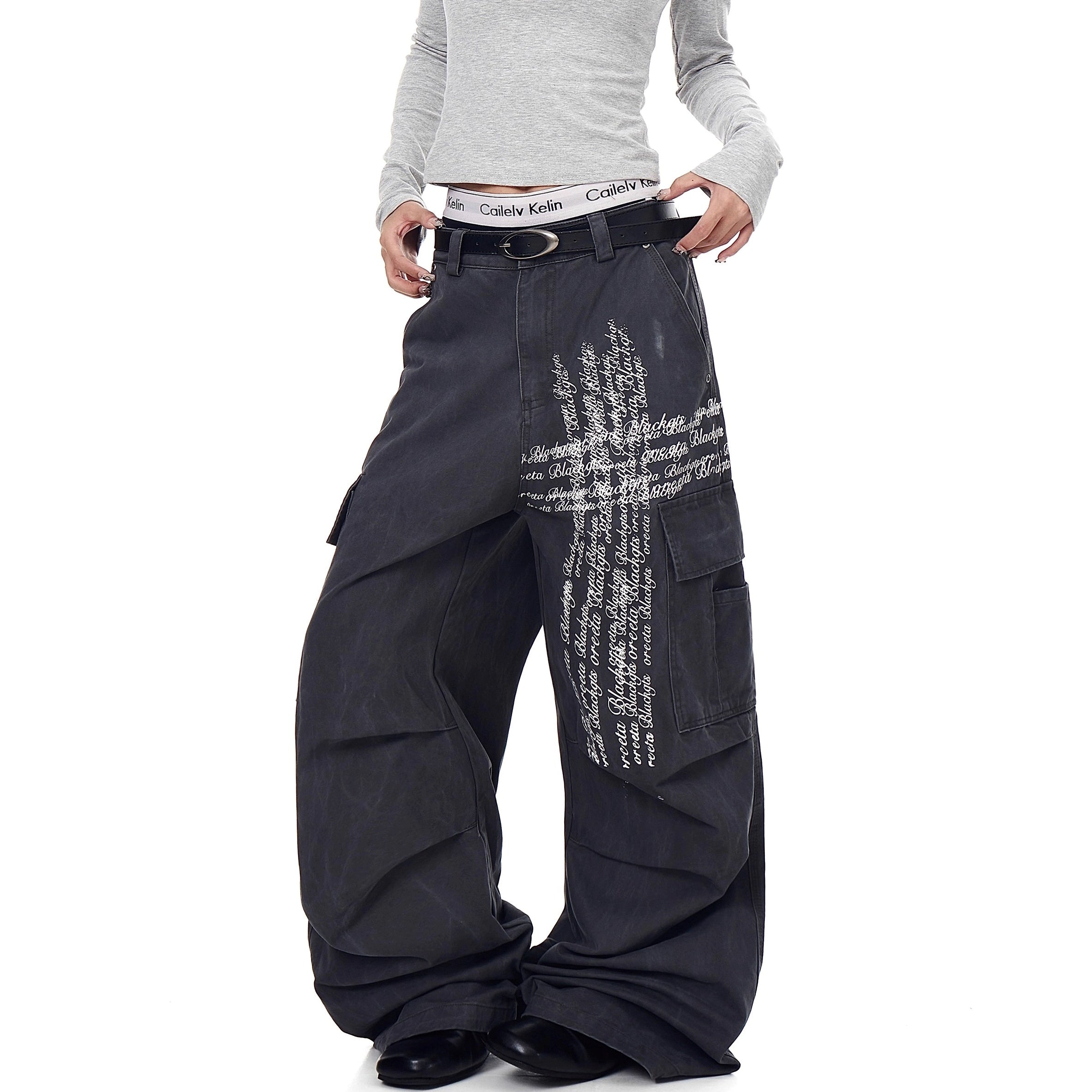 Washed Pleated Letter Print Cargo Pants BK7013
