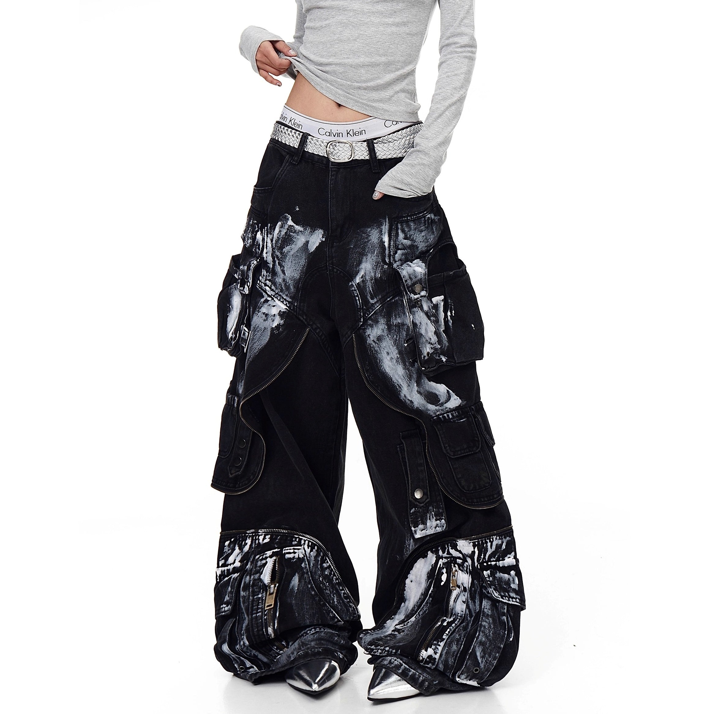 Dirty Worn Zipper Splicing Cargo Jeans BK7043