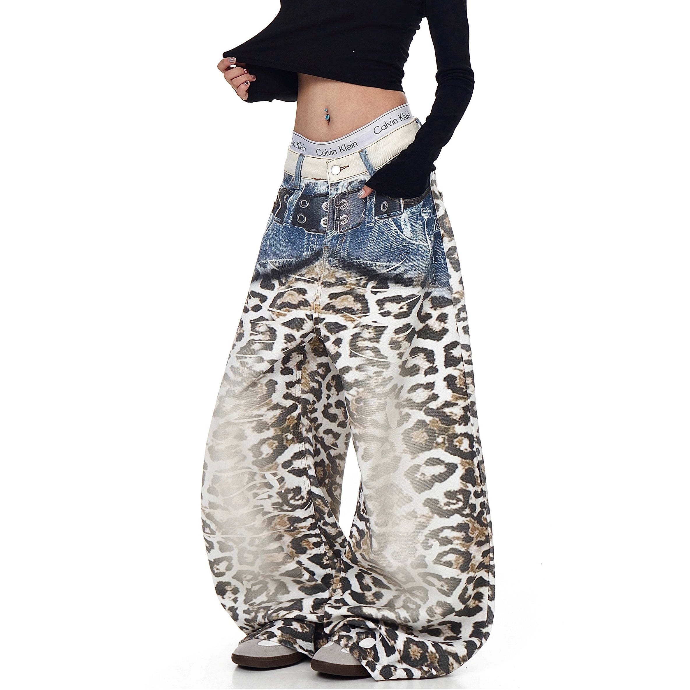 3D Belt Leopard Print Scimitar Jeans BK7038