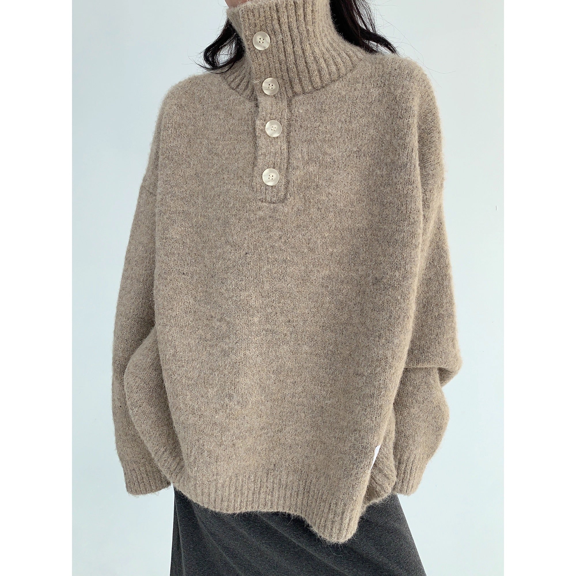 High Neck Half-Button Loose Sweater OS2054