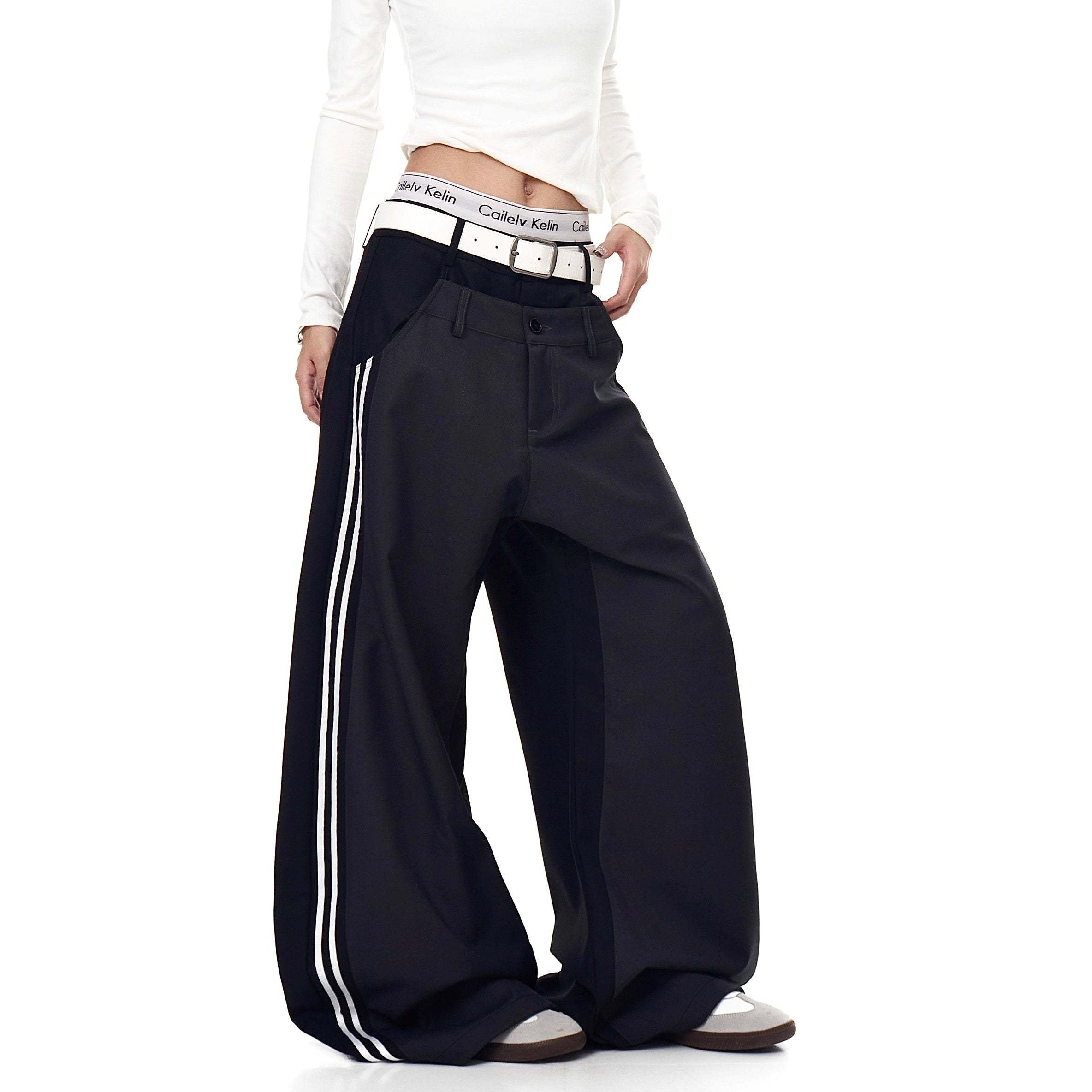 Double-Waisted Striped Wide Curve Pants BK7008