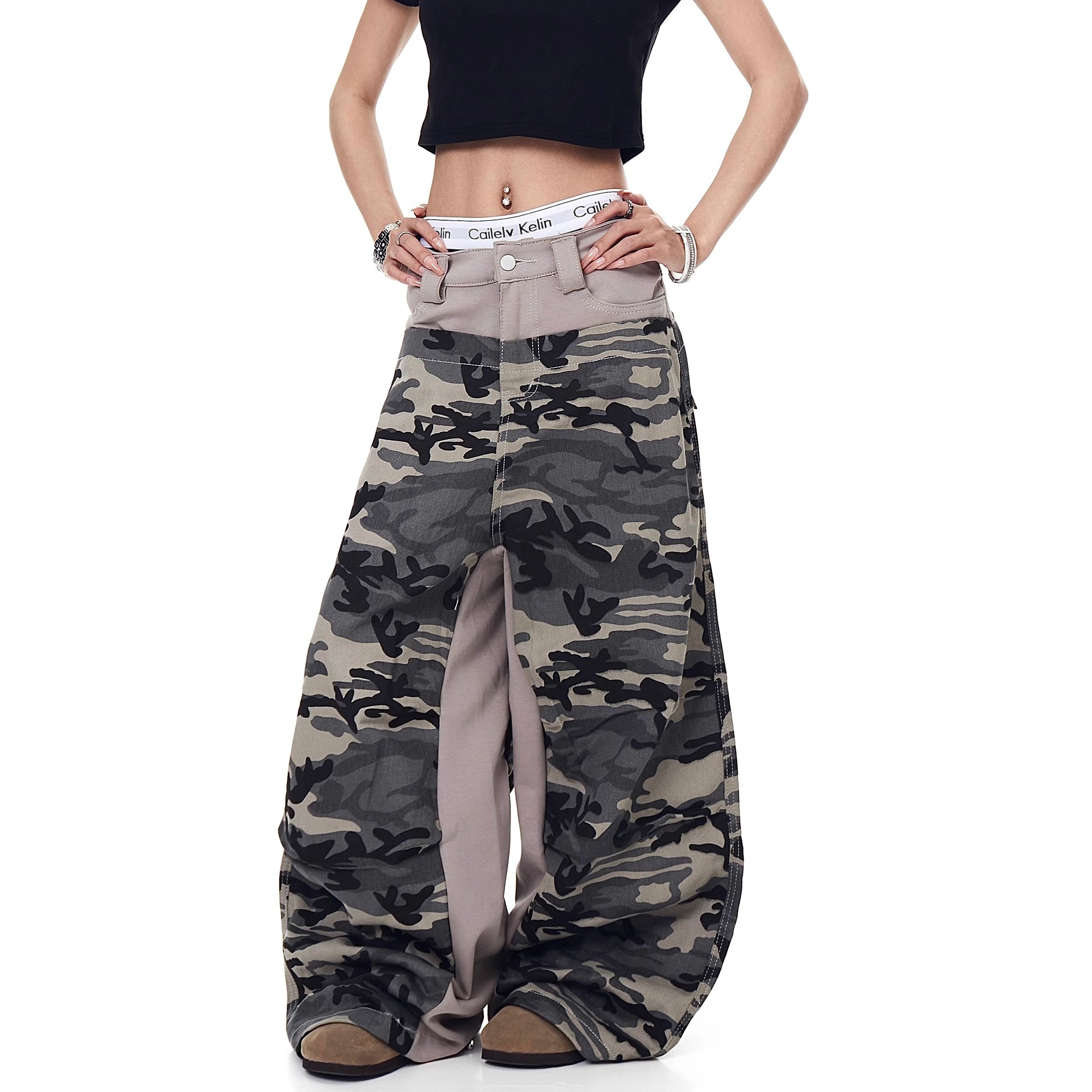 Camouflage Panel Switching Curve Pants MW10192
