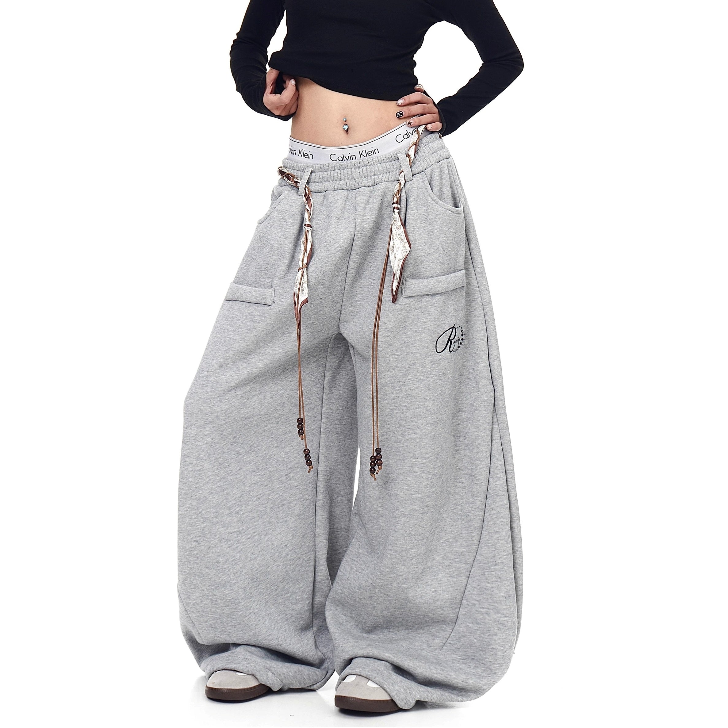 Waist Scarf Cord Design Curve Sweat Pants BK7057