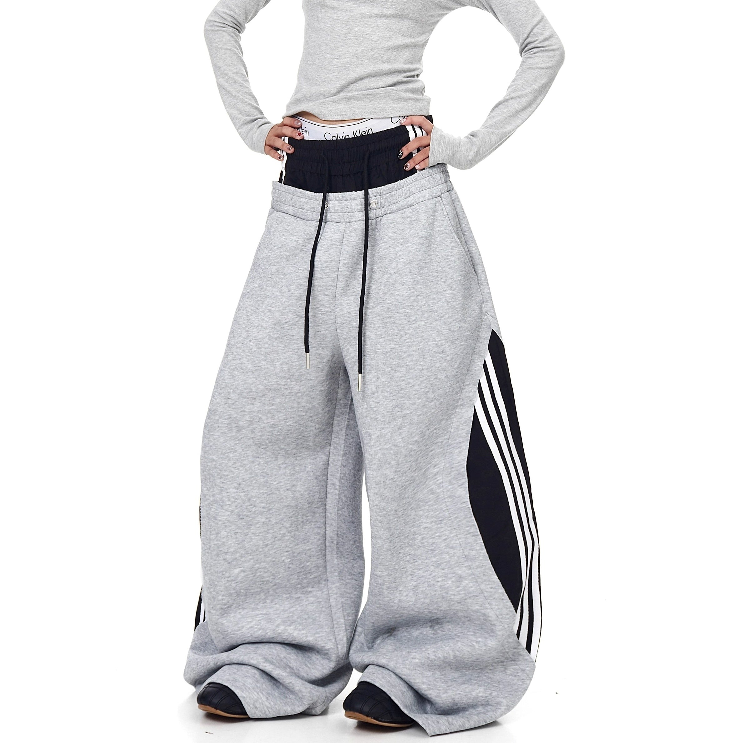 Double-Waist Striped Splicing Scimitar Sweat Pants BK7050