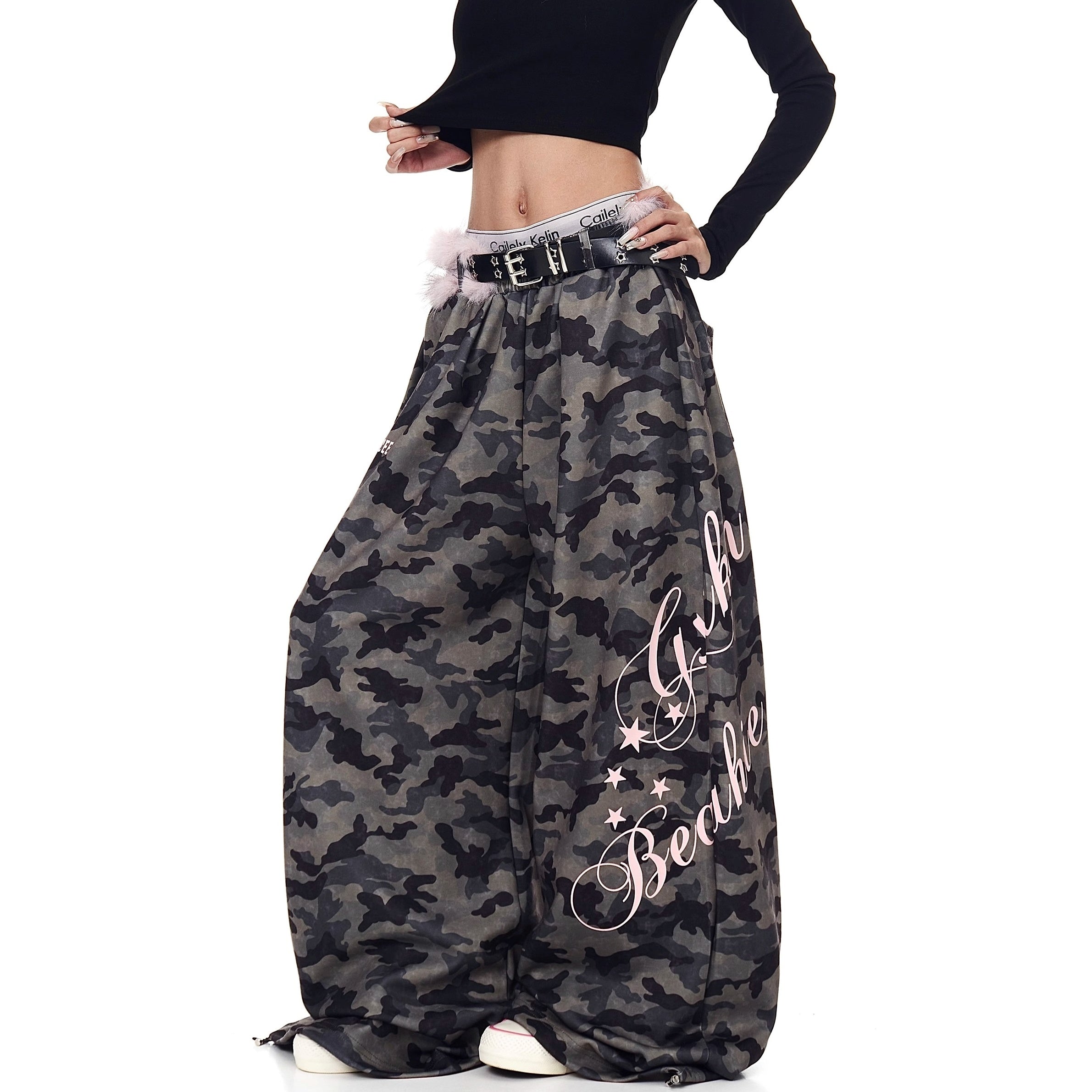 Letter Print Wide Sweat Pants With Fur Belt BK7026