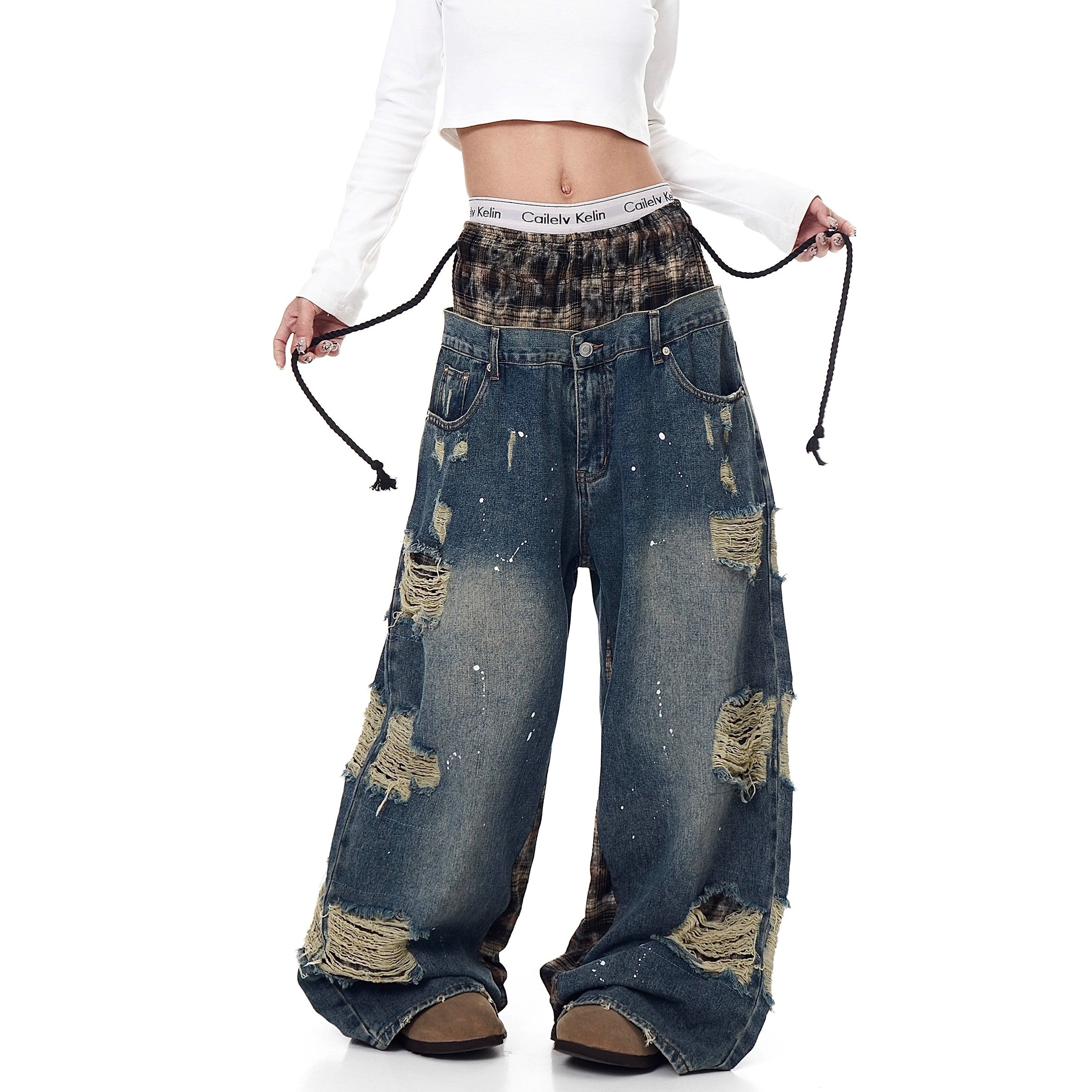 Double Waist Splicing Ripped Curve Jeans MW10273