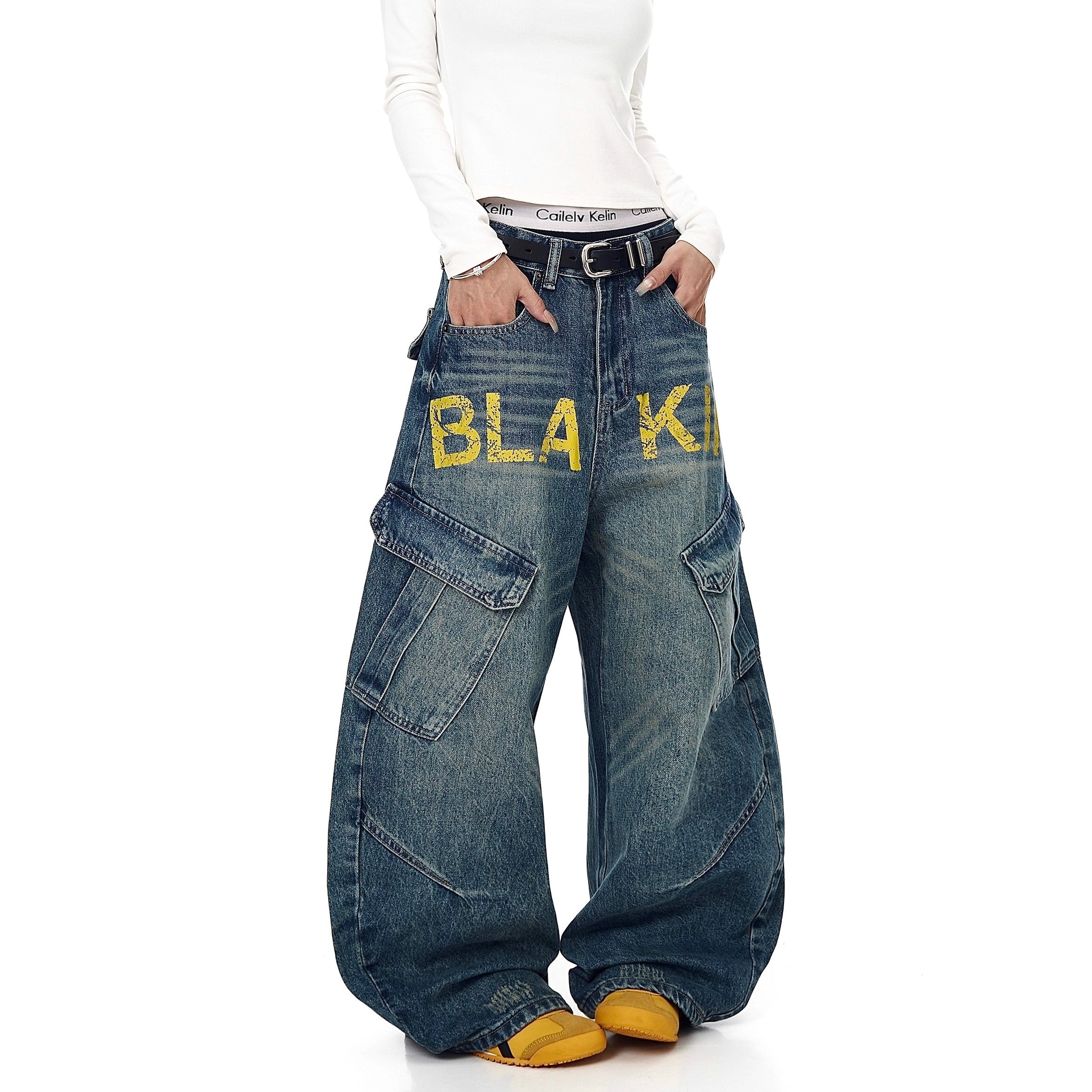 Monogram Print Vintage Scimitar Cargo Jeans BK7034