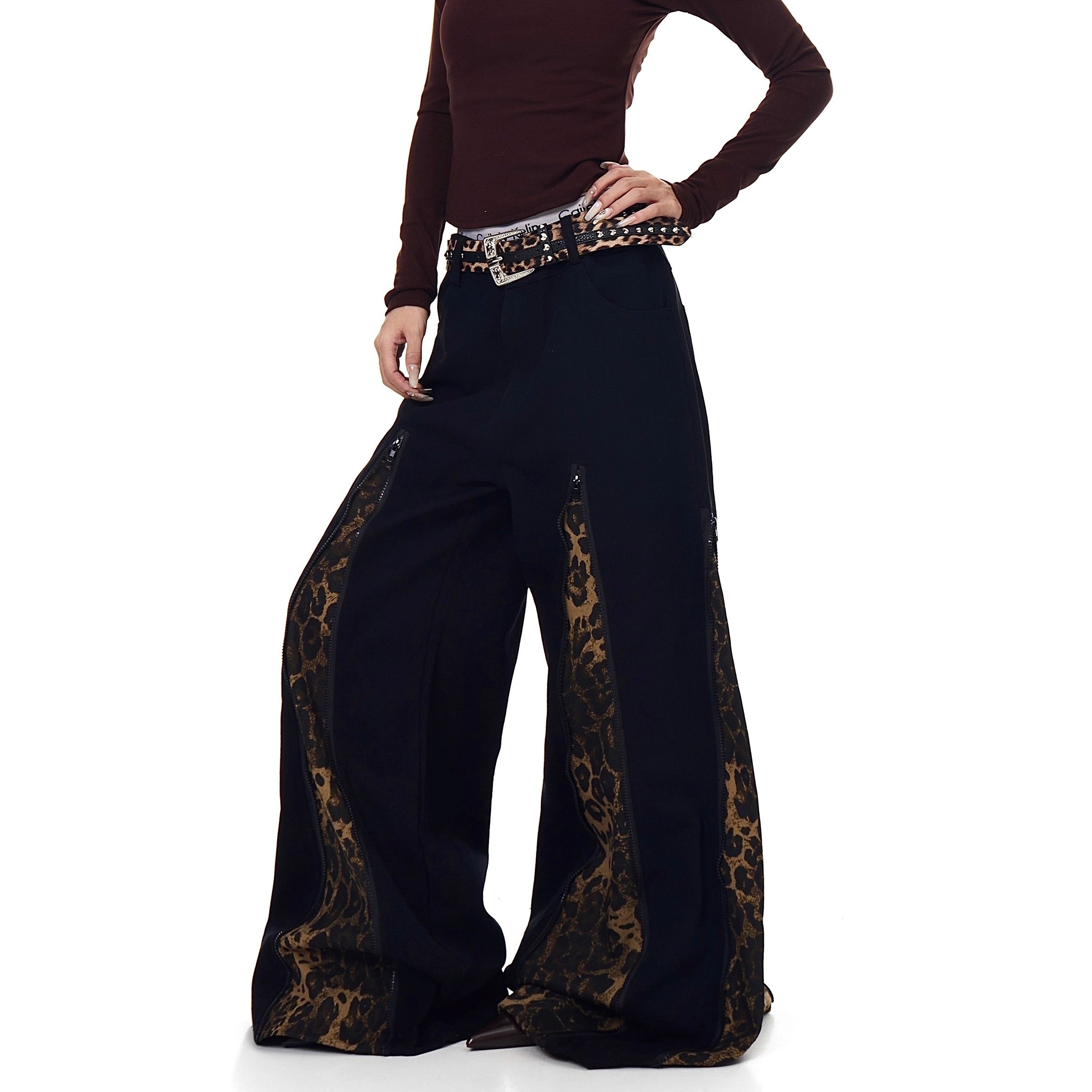 Zipper Stitch Leopard Patchwork Flare Jeans BK7019