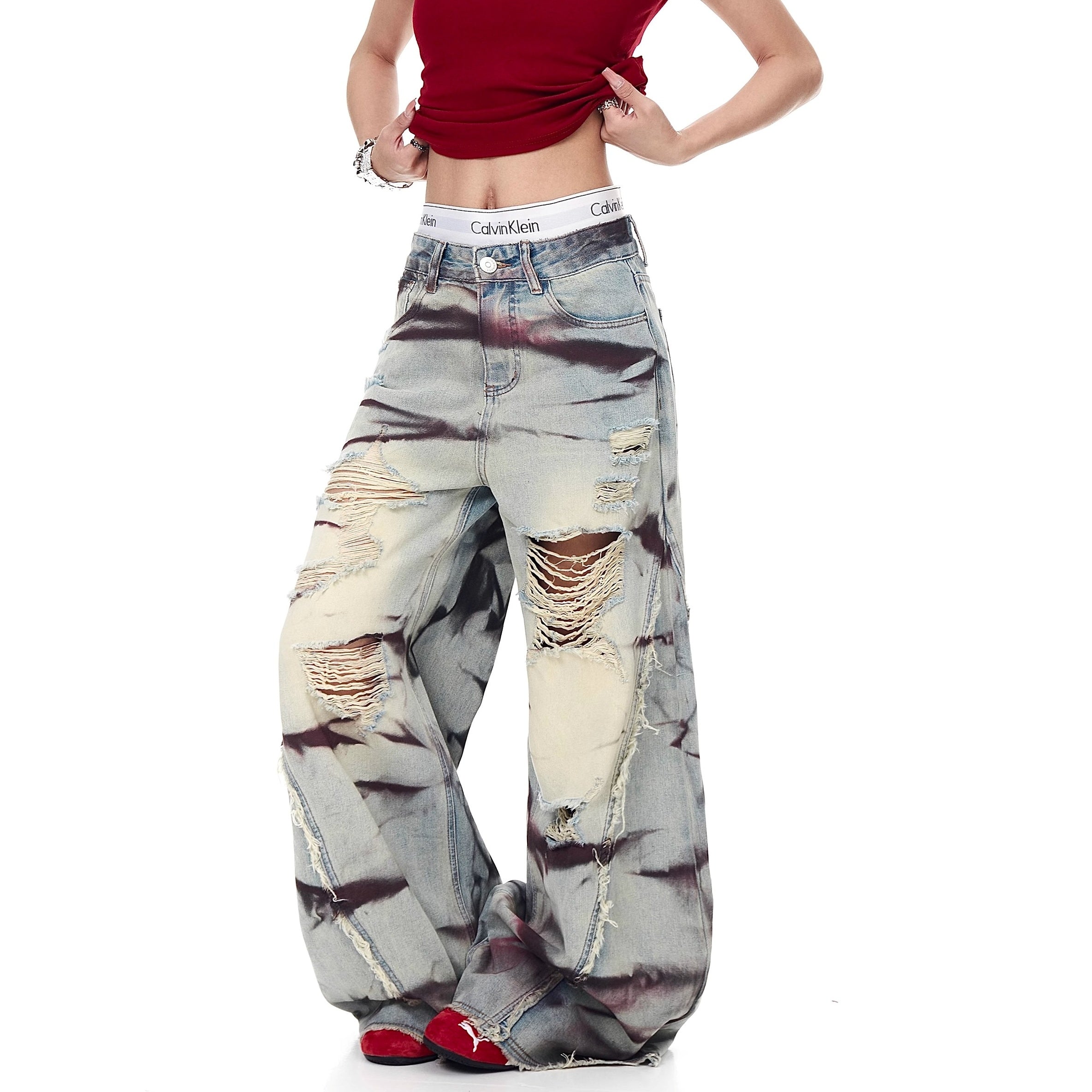 Stained Distressed Ripped Raw-edged Flared Jeans MW10195