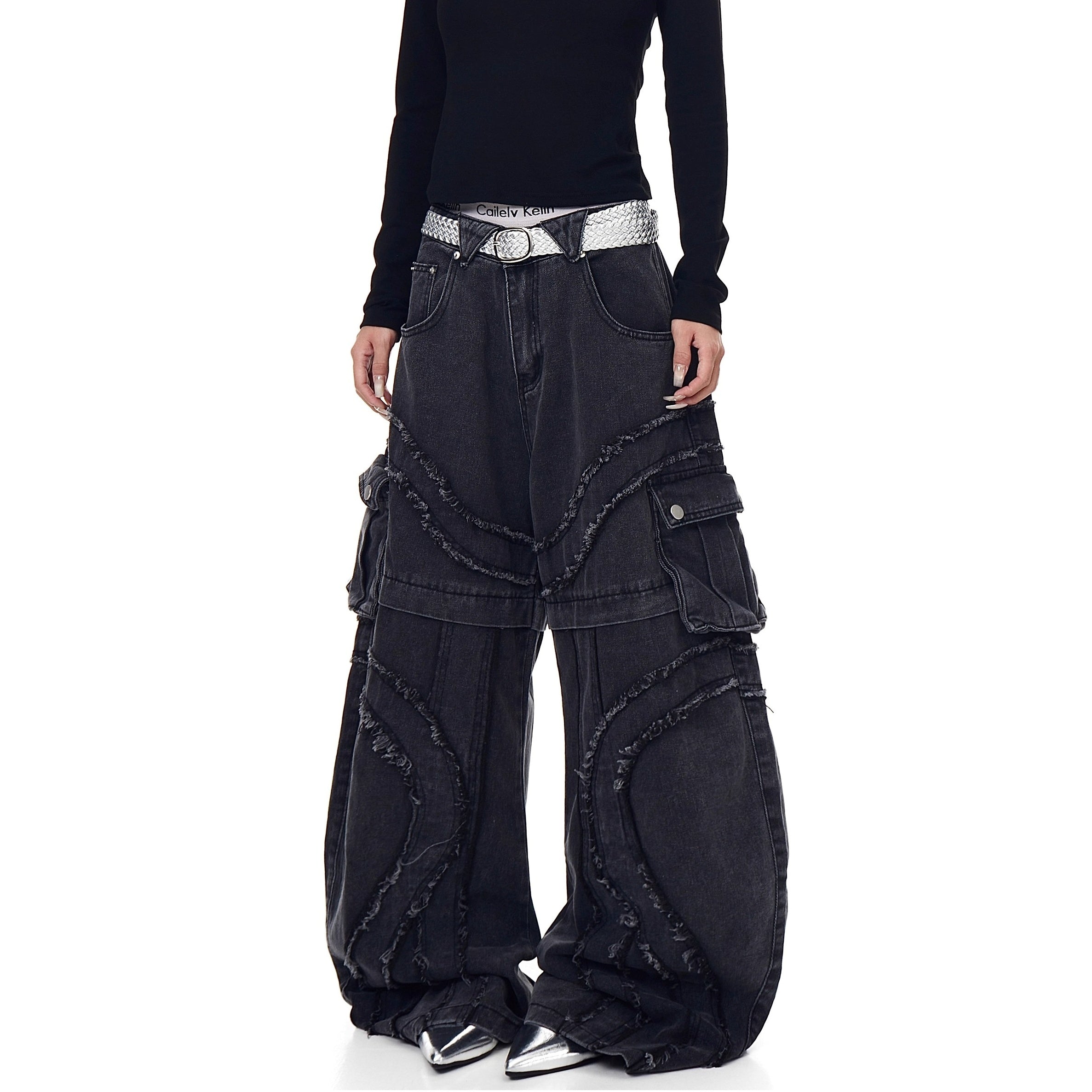 Raw Edge Stitching Cargo Jeans BK7022