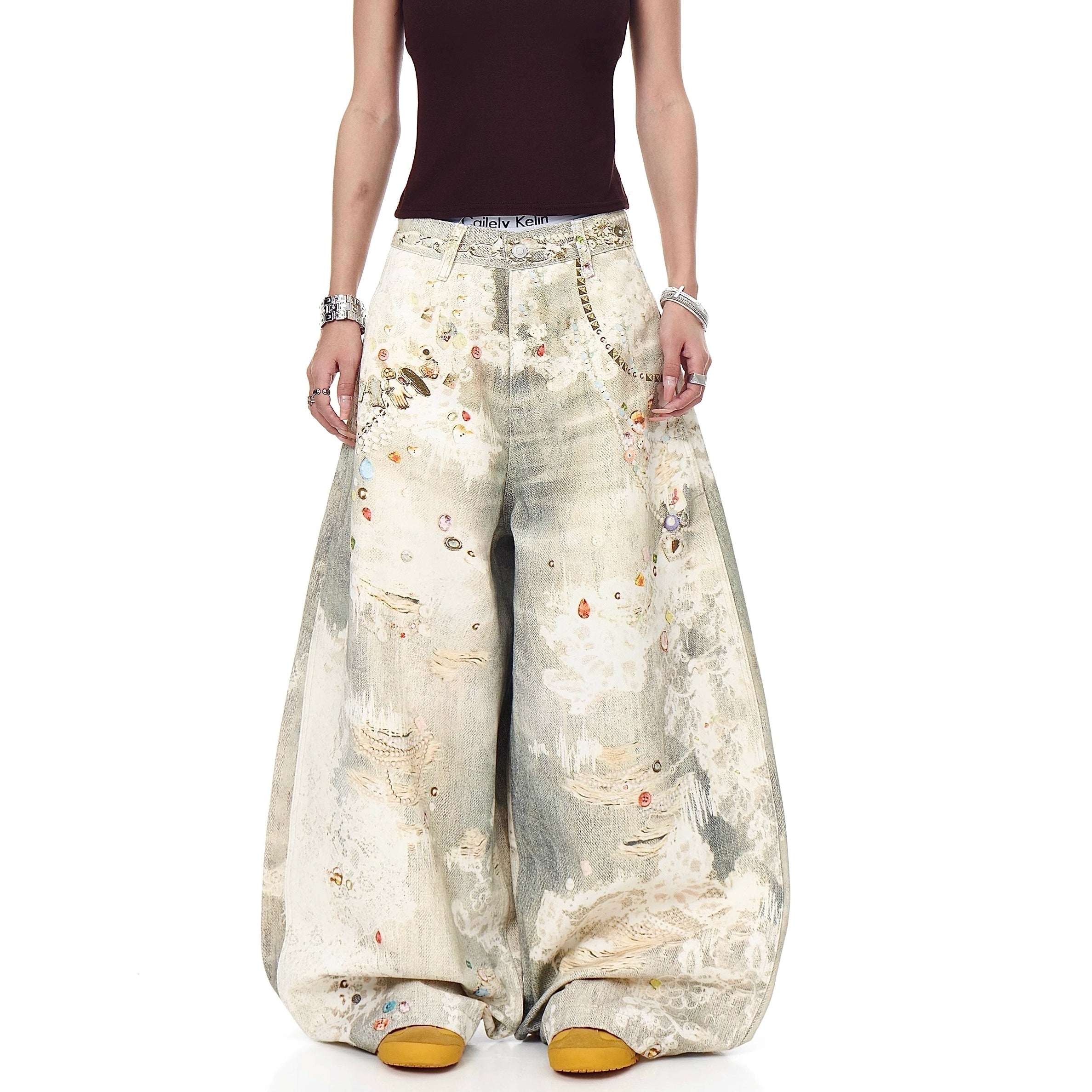 3D Printed Jewelry Distressed Wide Curve Jeans MW10223