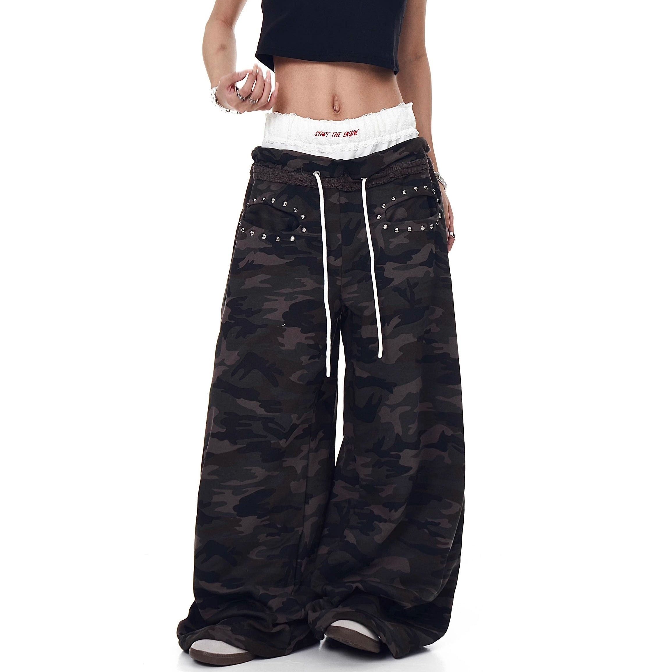 Lace Stitching Double Waist Camouflage Pants MW10203