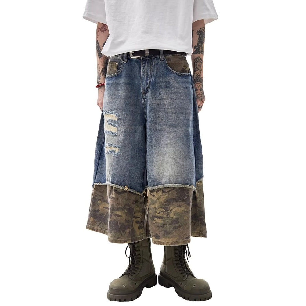 Stitching Camouflage Loose Denim Half Pants MW10218