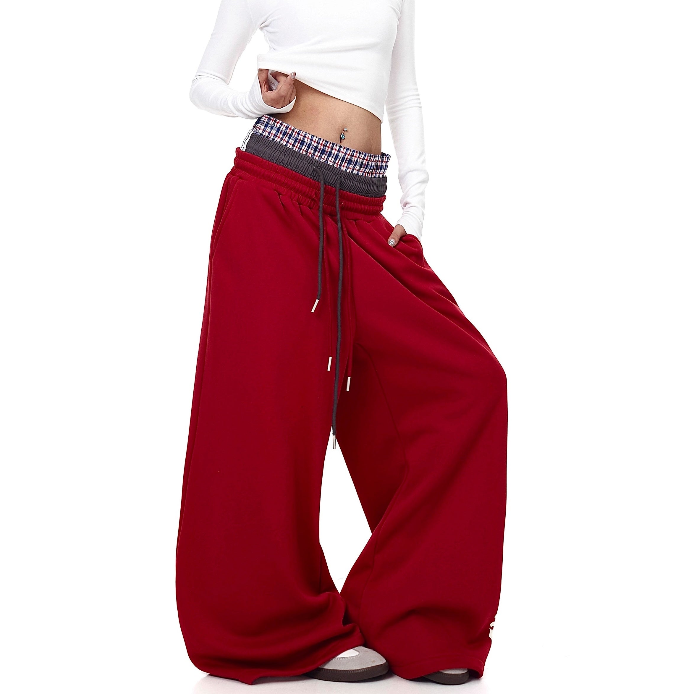 Triple-waist Patchwork Letter Drawstring Sweat Pants BK7063