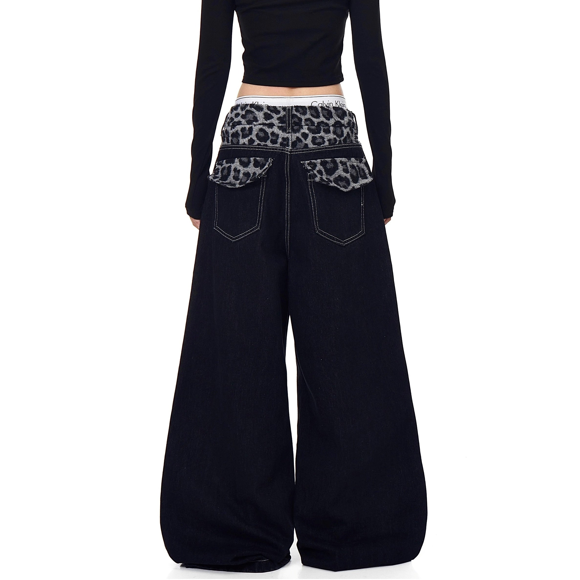 Plush Leopard Print Stitching Scimitar Jeans BK7045