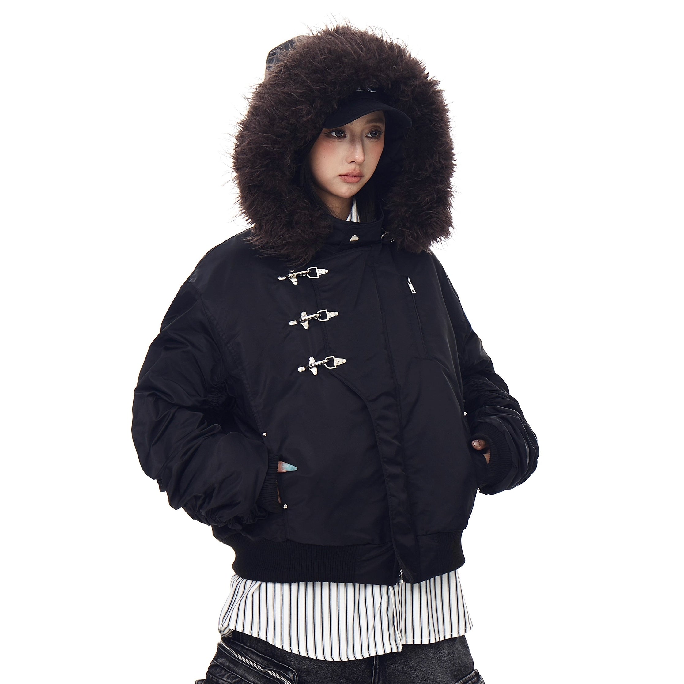 Fur Collar Airplane Buckle Hooded Jacket MW10305