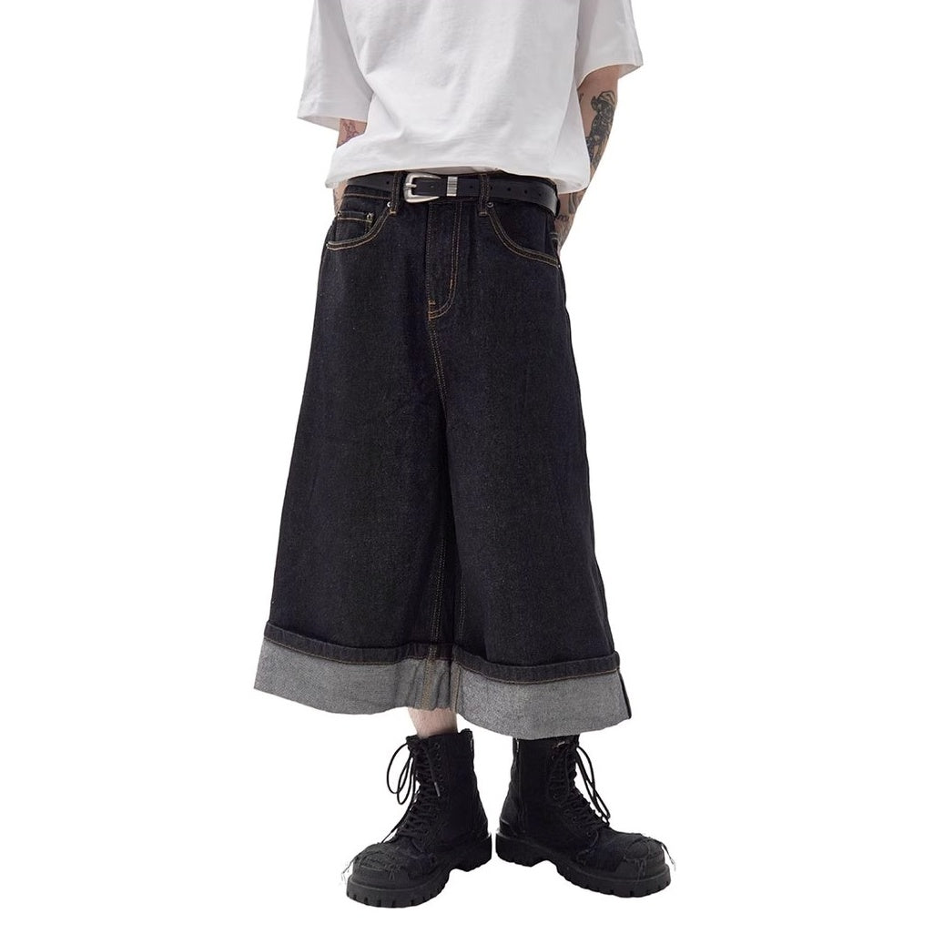 Turned-up Wide-leg Denim Half Pants MW10216