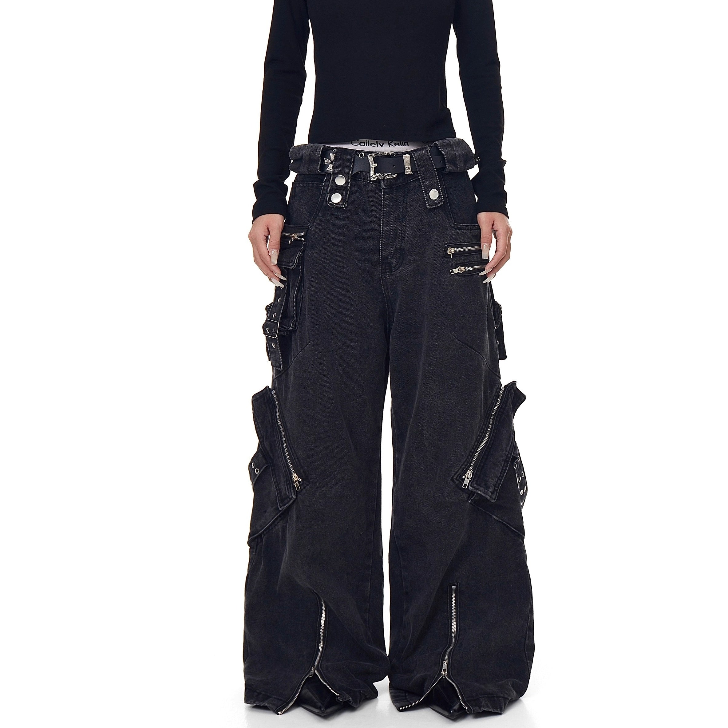 Heavy Washed Zipper Design Cargo Jeans BK7023