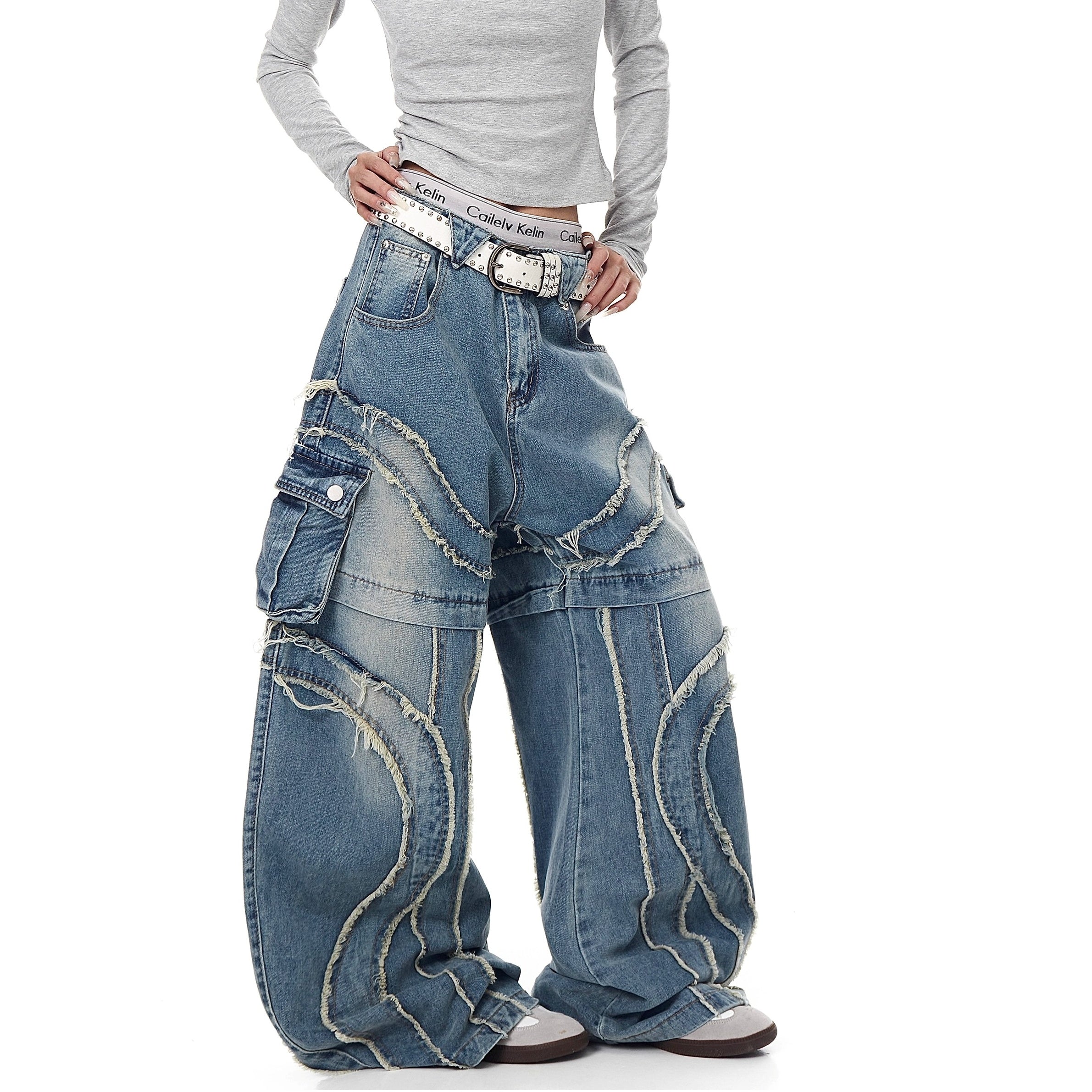 Raw Edge Switching Cargo Curve Jeans BK7027
