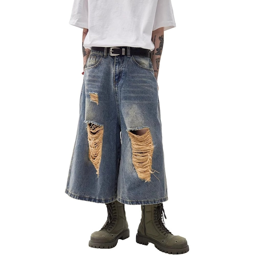 Ripped Holes Washed Denim Half Pants MW10217