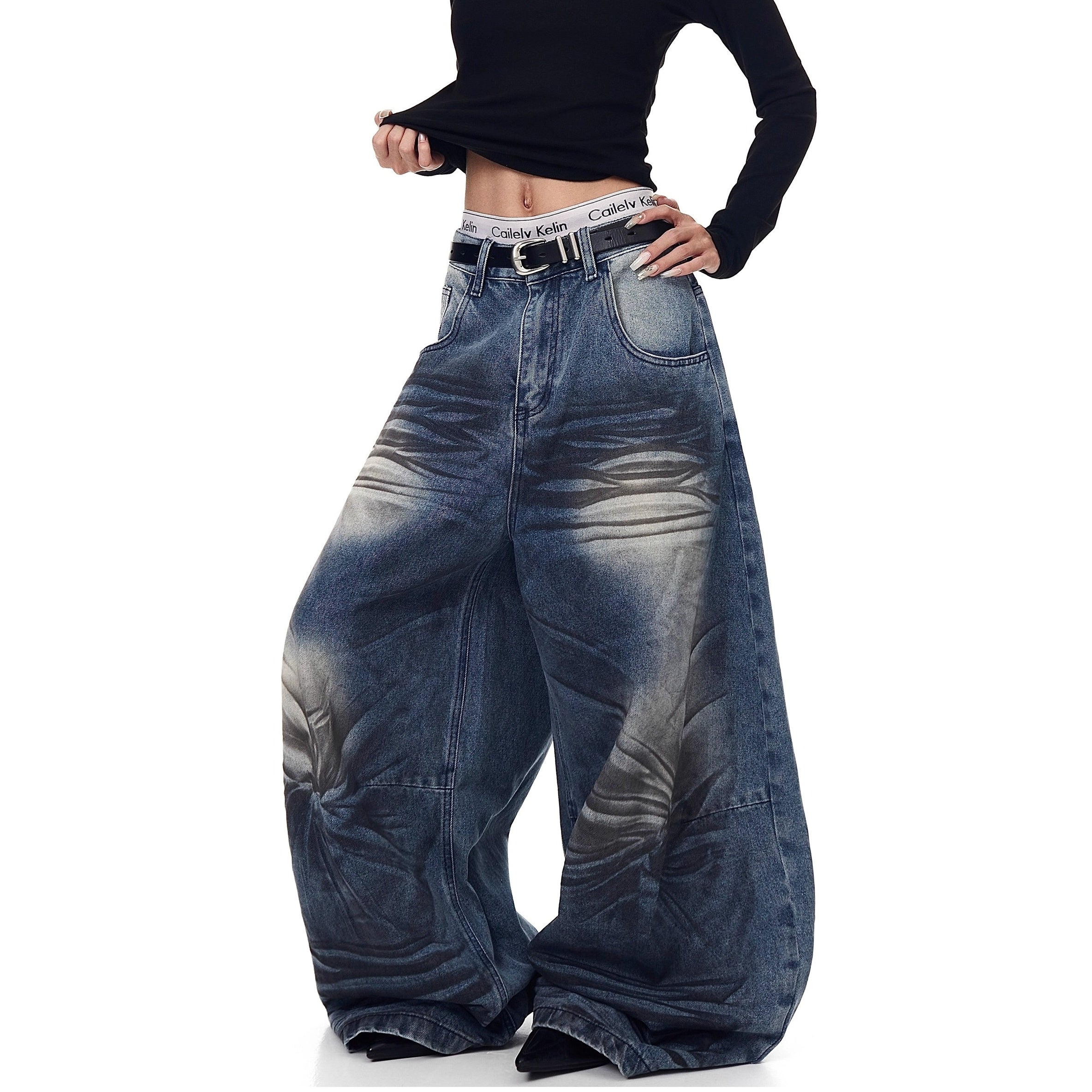 Washed Cat Whisker Printed Scimitar Jeans BK7029