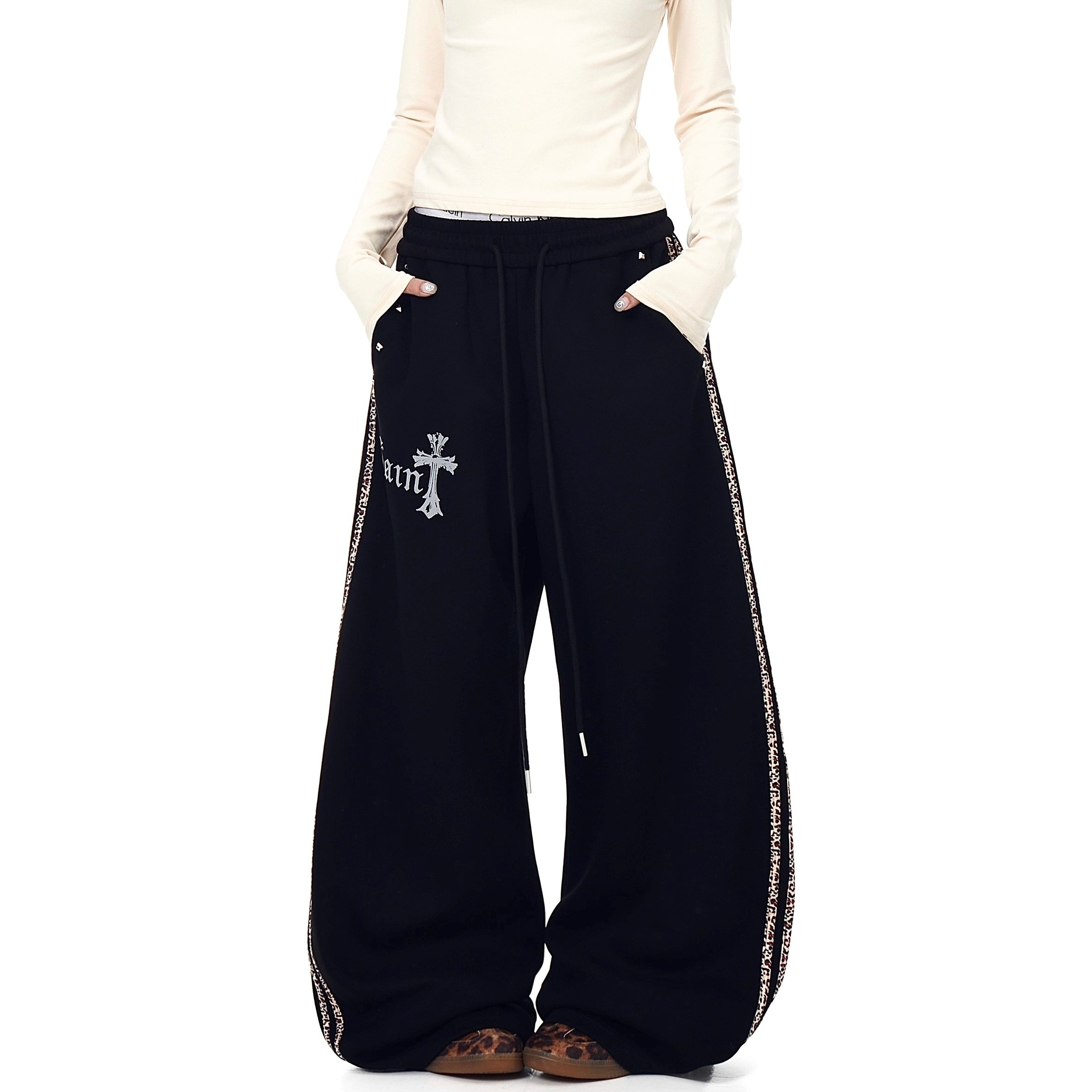 Leopard Print Spliced Rivet Curve Sweat Pants BK7058