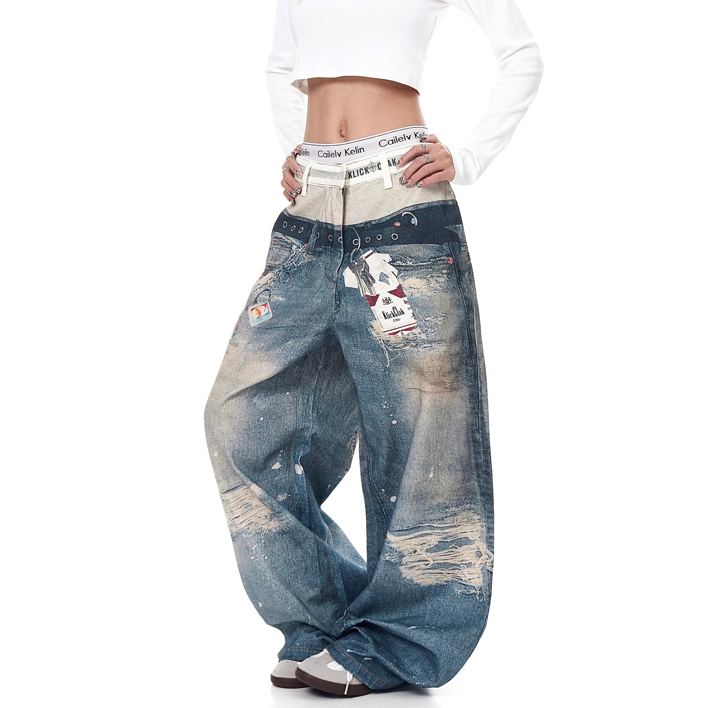 3D Printing Double Waist Distressed Loose Jeans BK7003