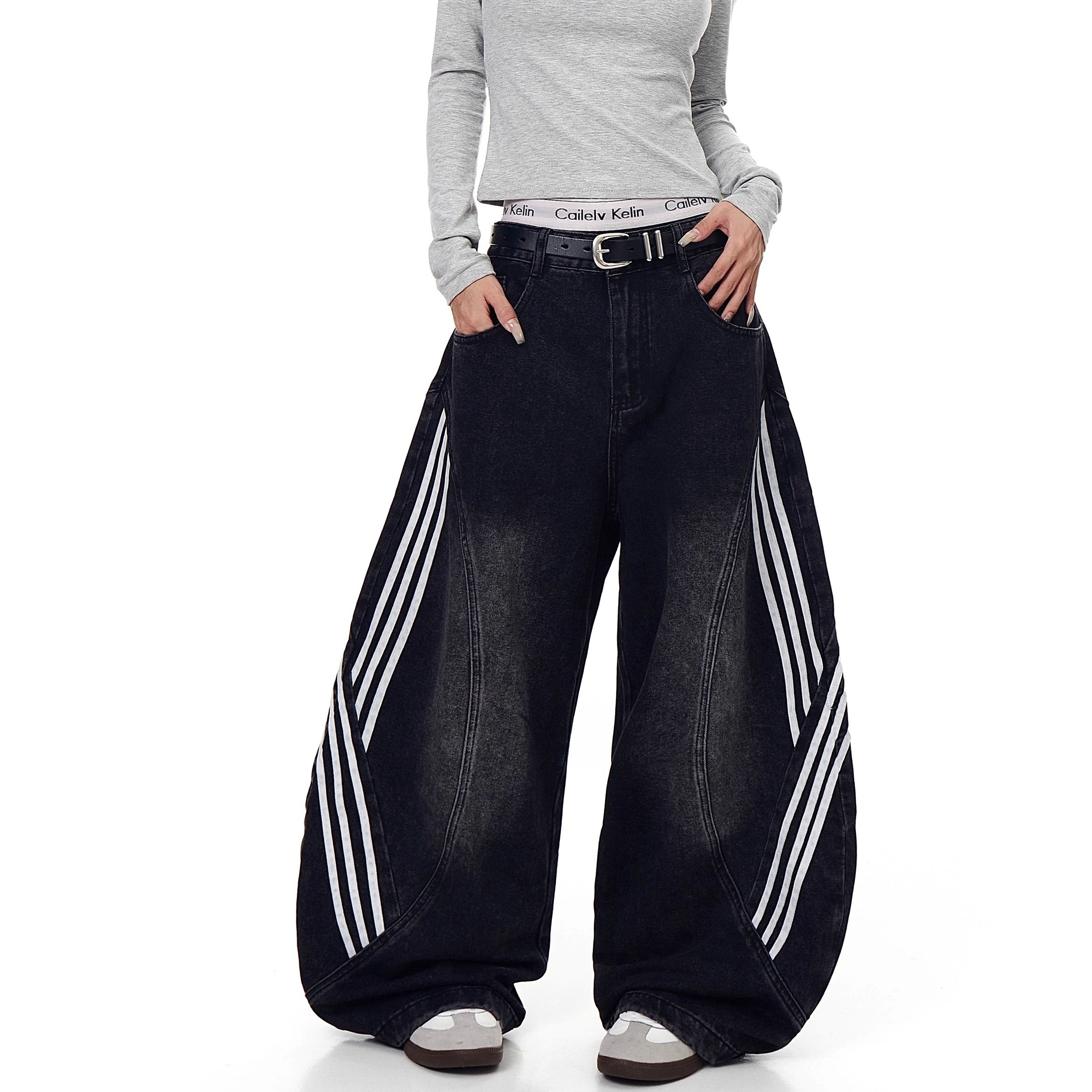 Striped Patchwork Washed Scimitar Jeans BK7031