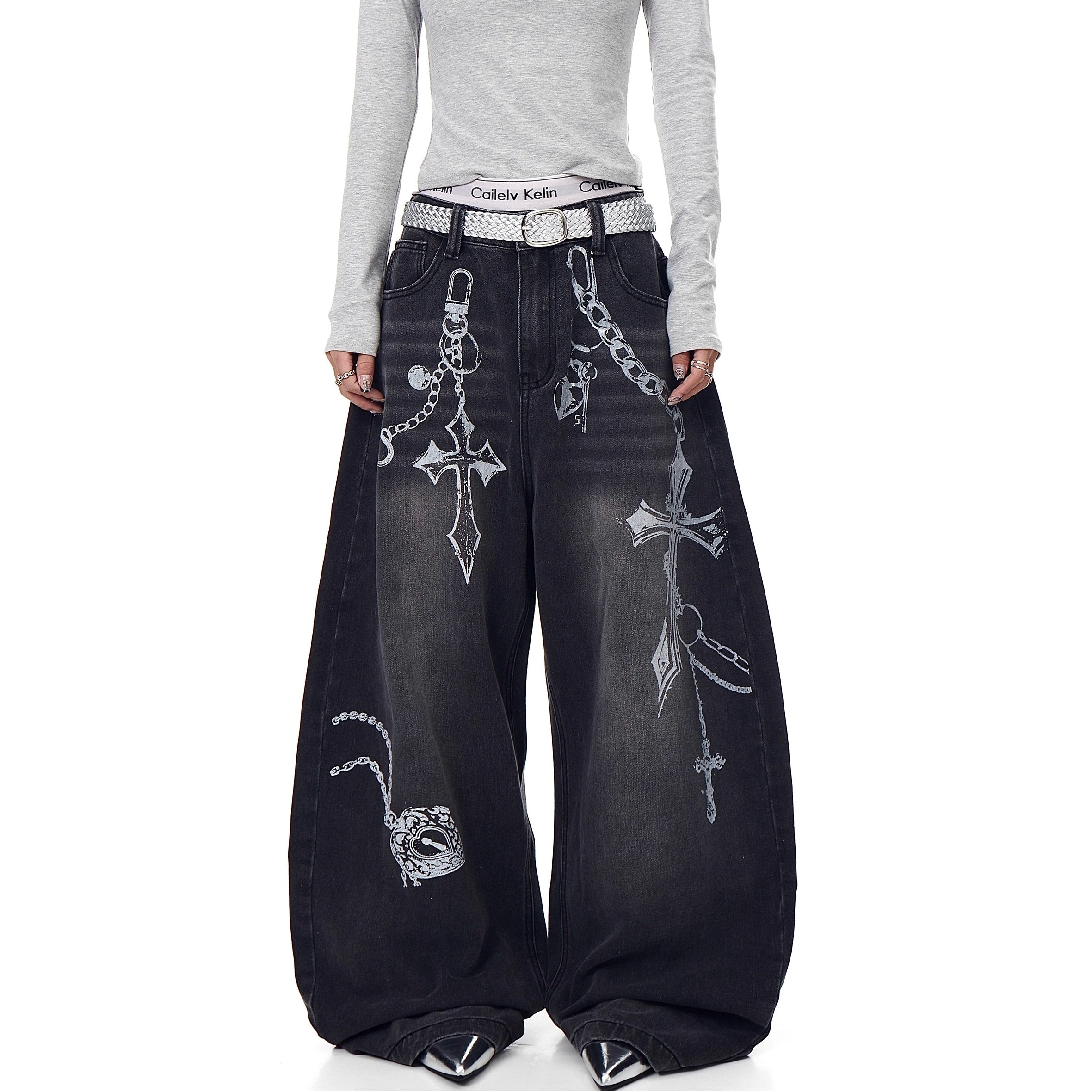 Cross Print Washed Loose Curve Jeans MW10275