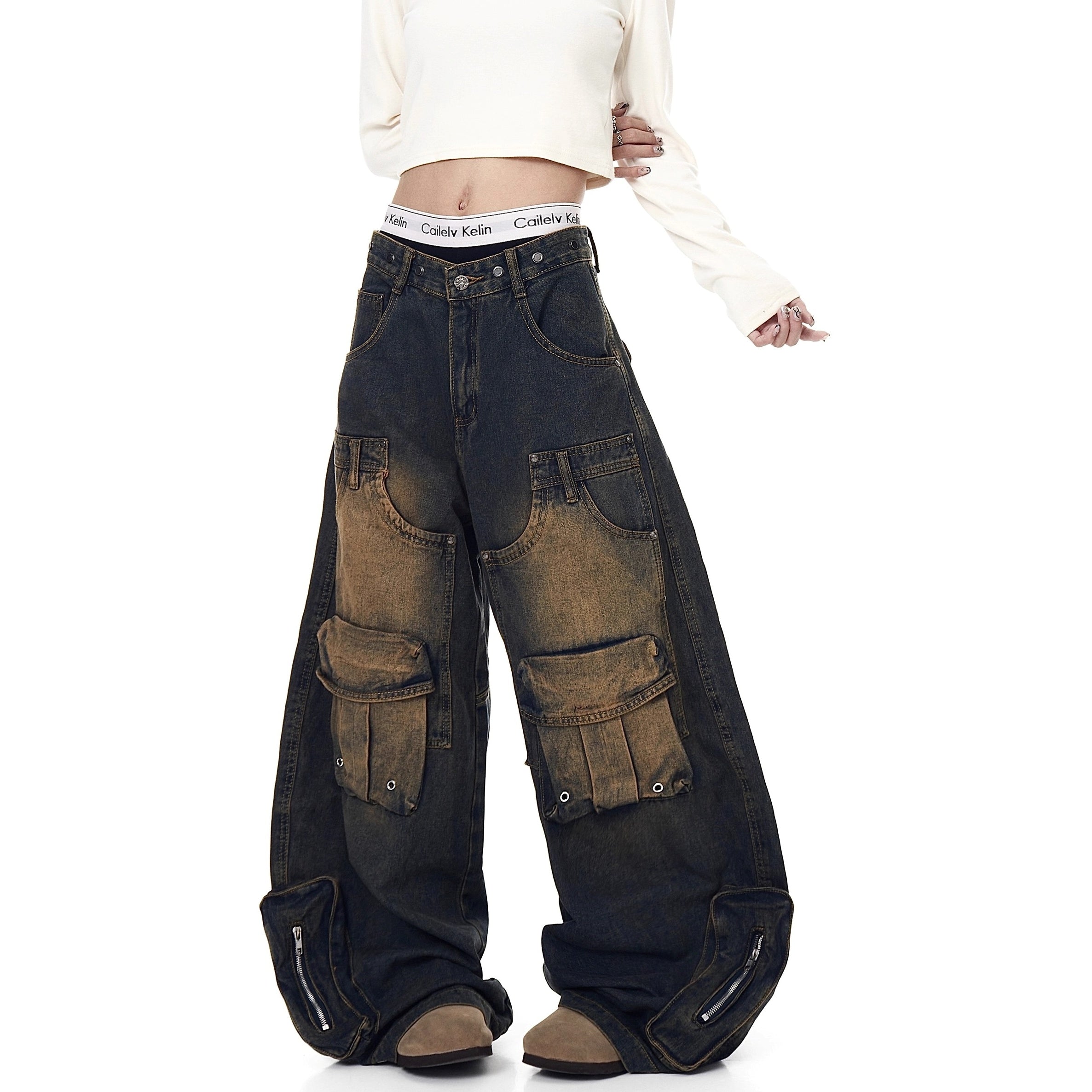 Deconstructed Multi-Pocket Damage Wide Jeans BK7004
