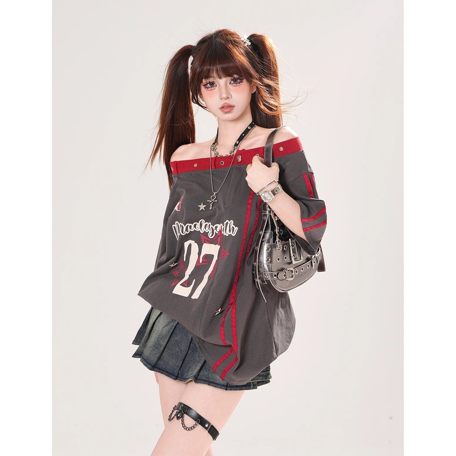 Off-Shoulder American Print T-Shirt KK2069