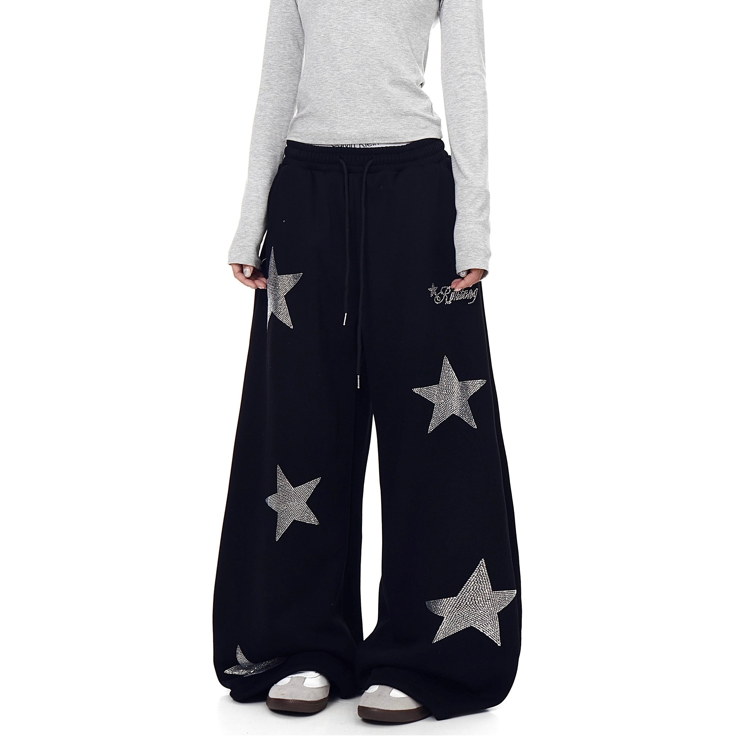Star Rhinestone Design Curve Sweat Pants BK7060