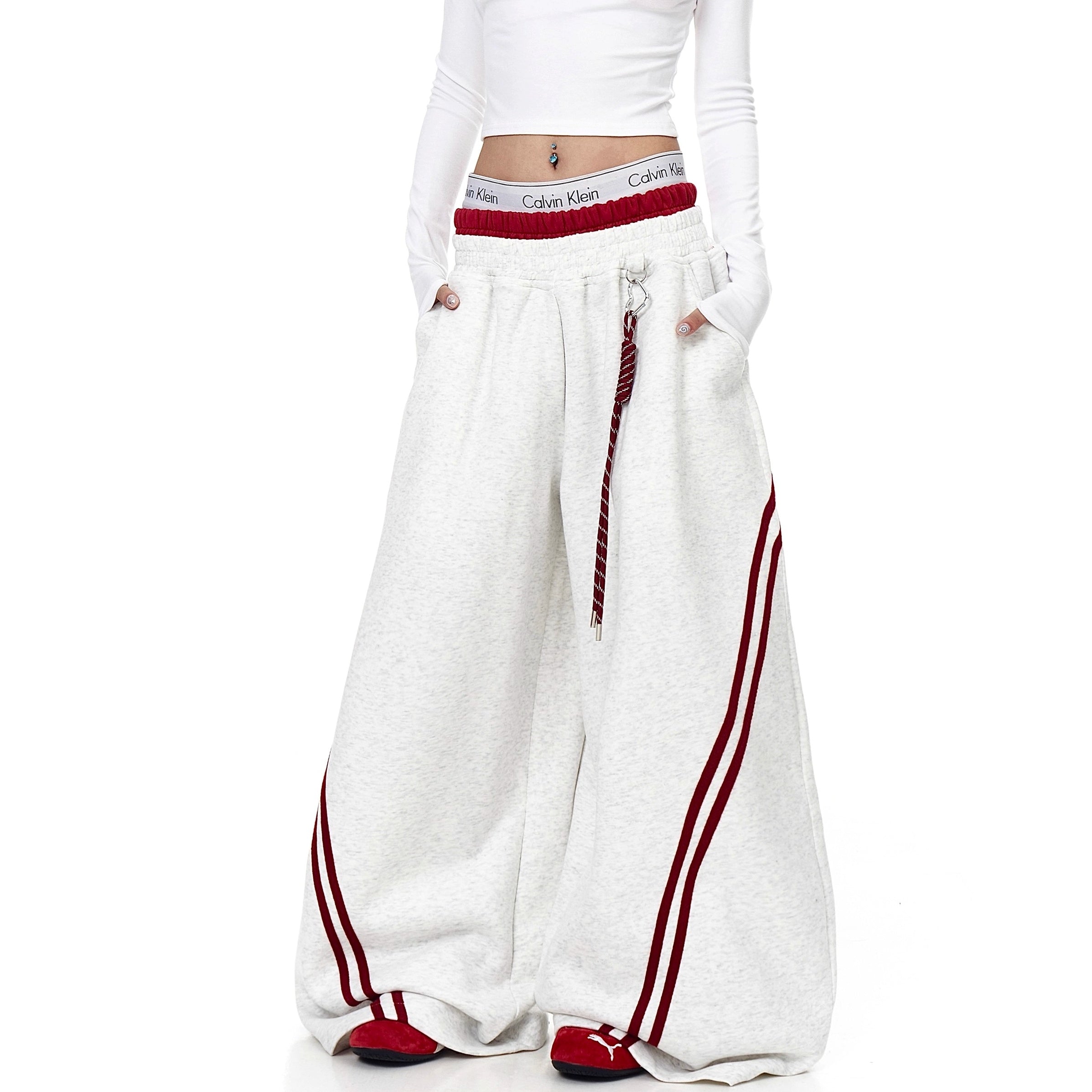 Striped Patchwork Double-waisted Scimitar Sweat Pants BK7044