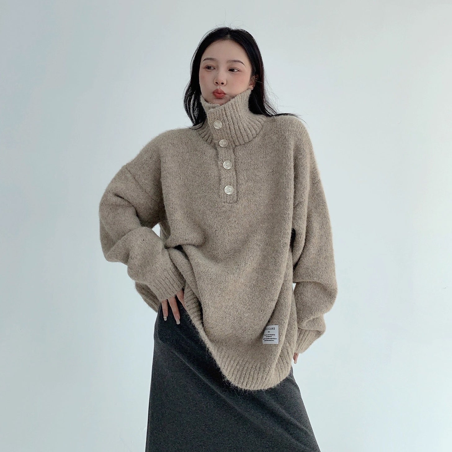 High Neck Half-Button Loose Sweater OS2054