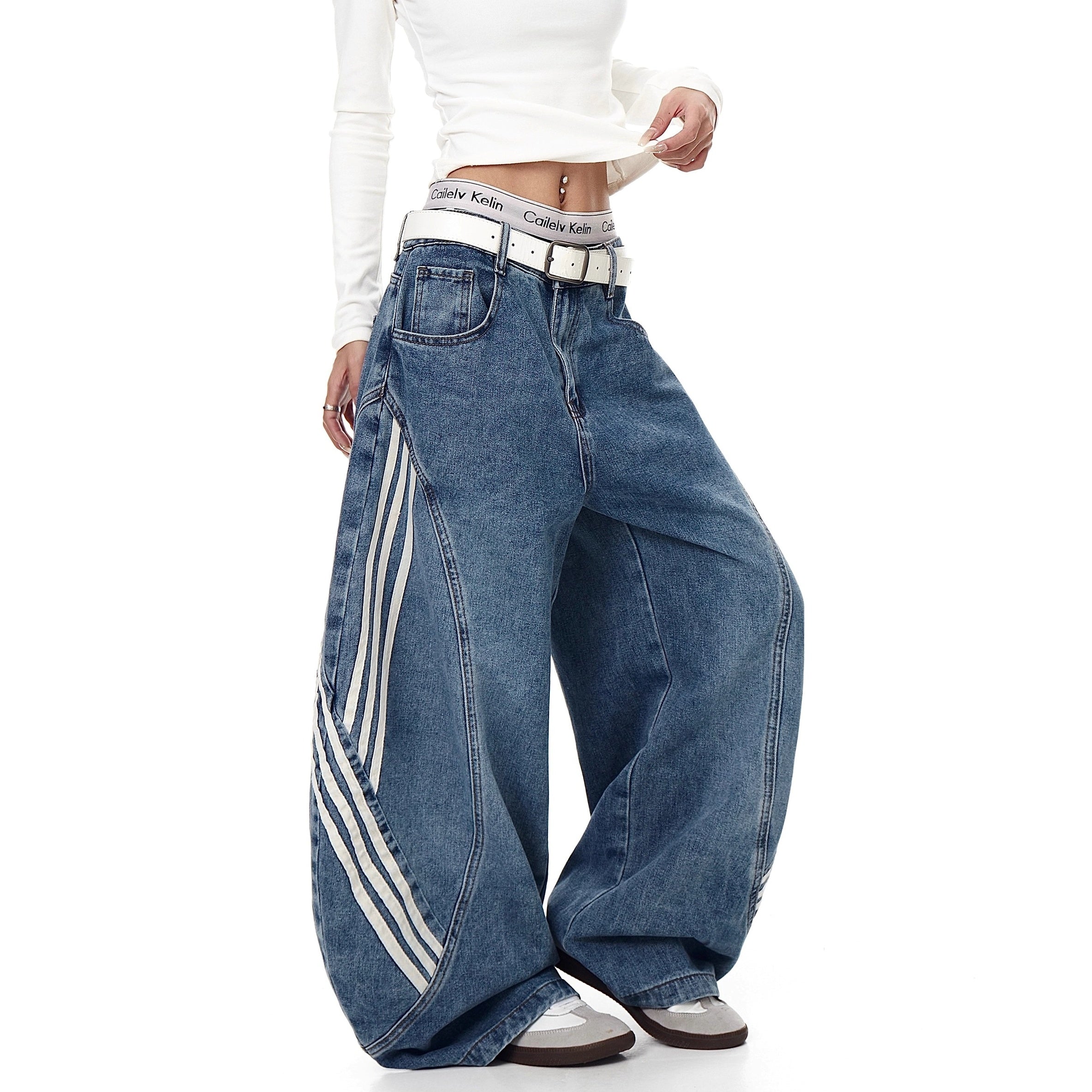 Striped Patchwork Washed Scimitar Jeans BK7031