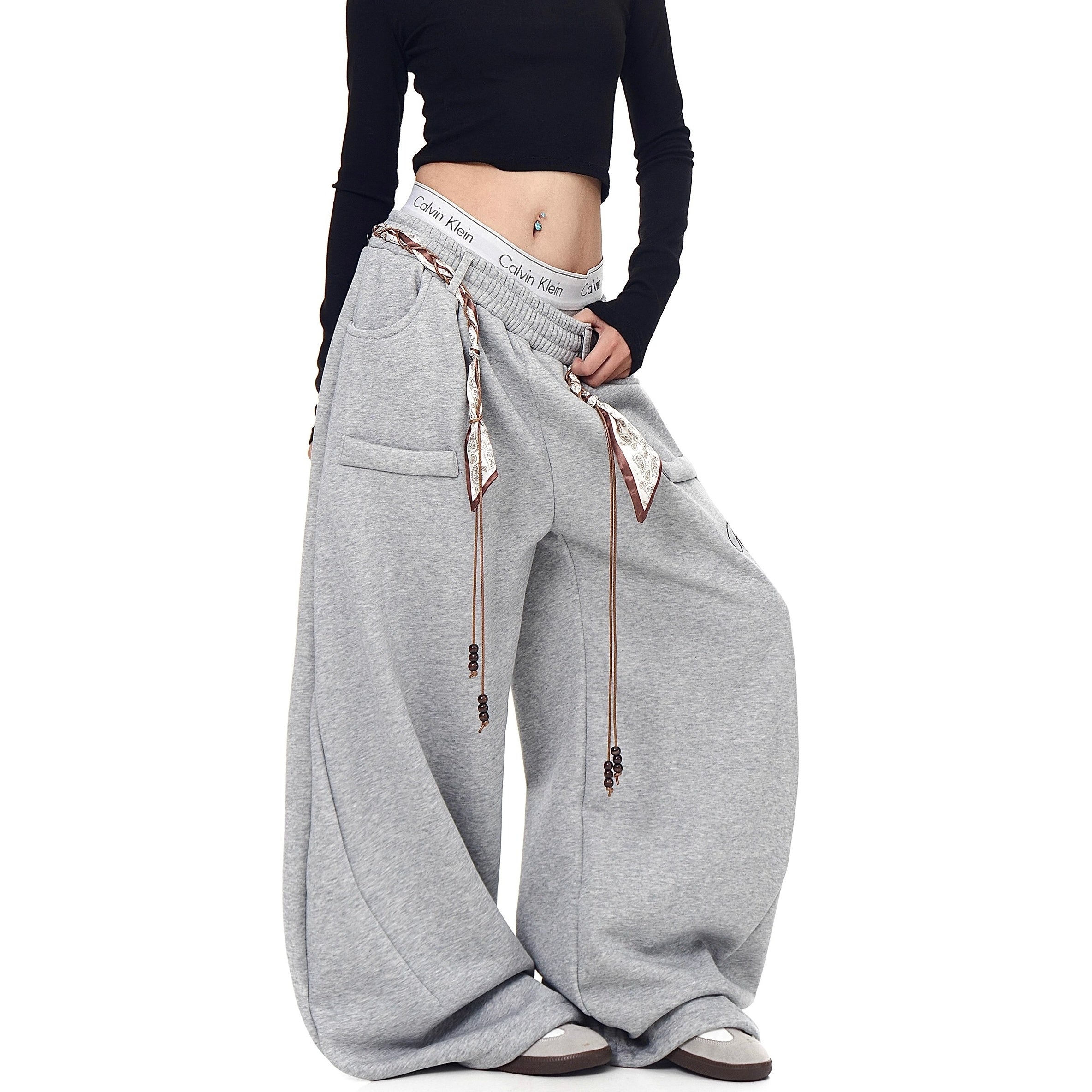 Waist Scarf Cord Design Curve Sweat Pants BK7057