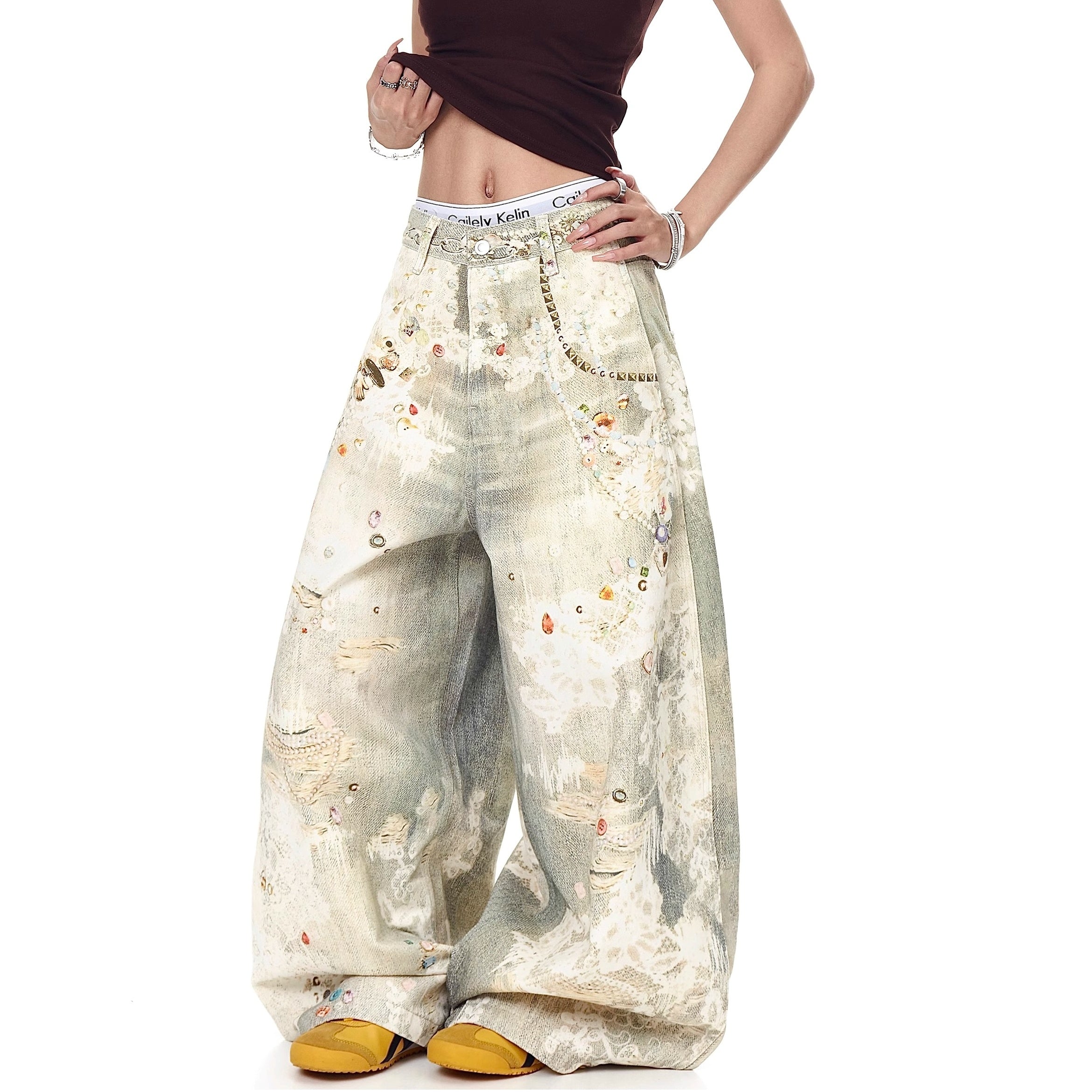 3D Printed Jewelry Distressed Wide Curve Jeans MW10223