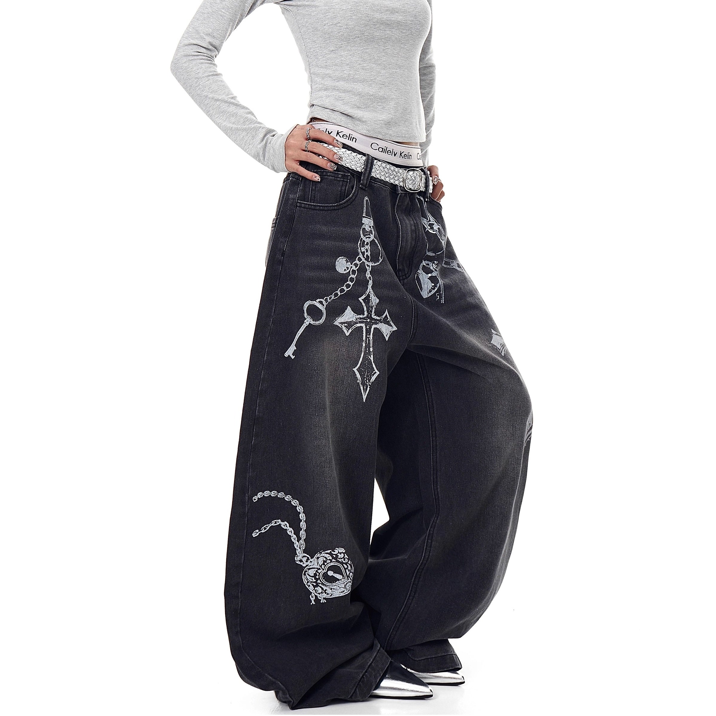 Cross Print Washed Loose Curve Jeans MW10275