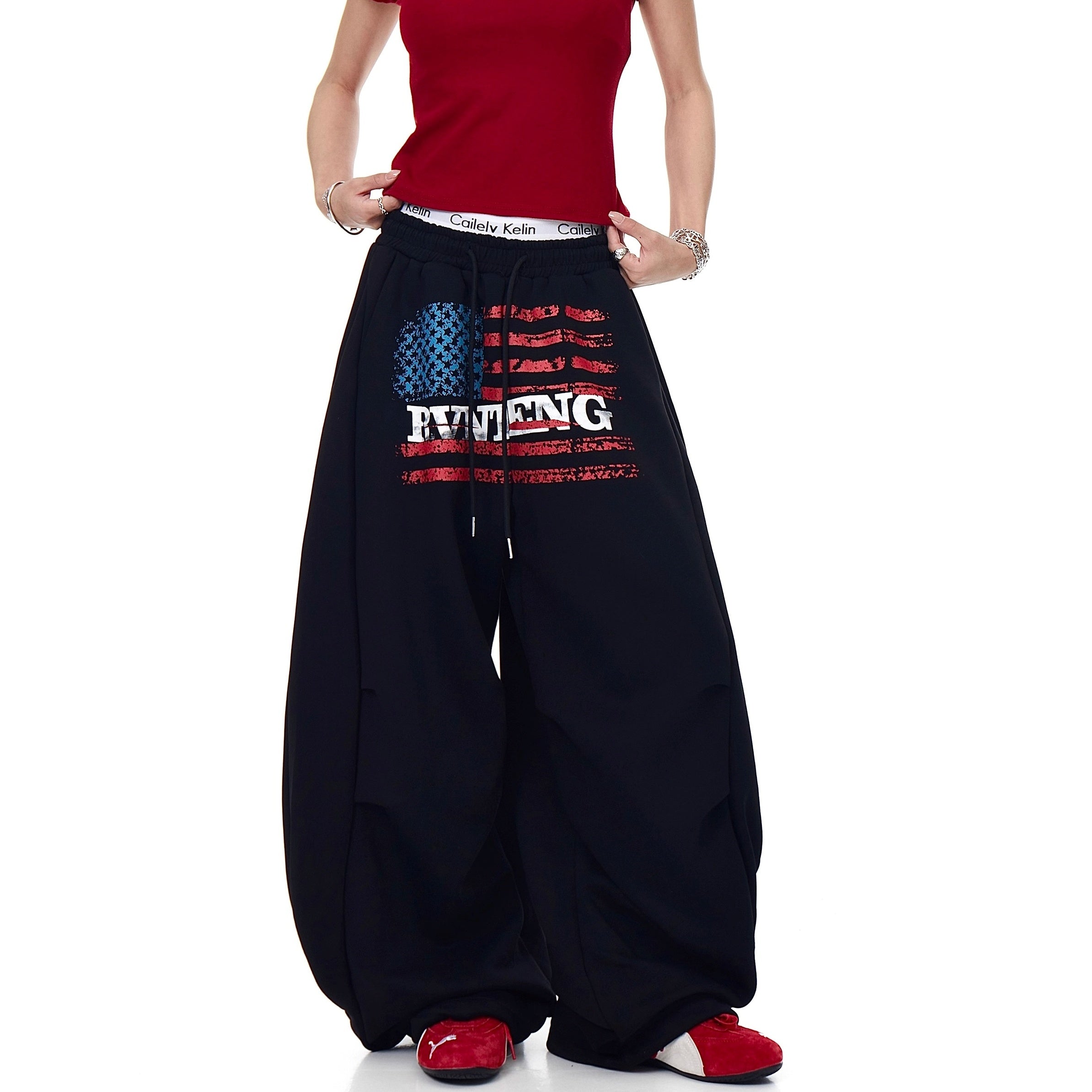 USAフラッグプリントワイドスウェットパンツ MW10239