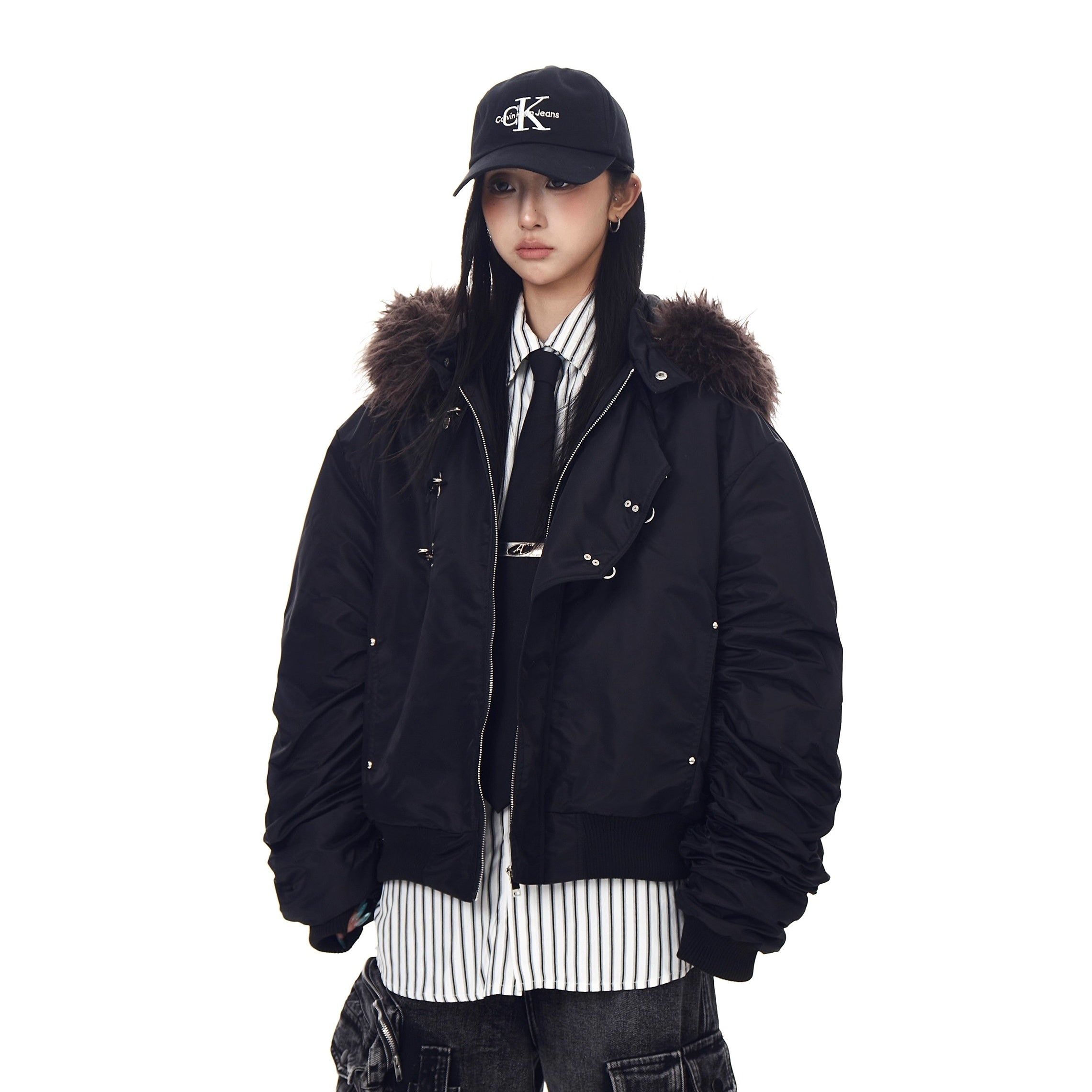 Fur Collar Airplane Buckle Hooded Jacket MW10305