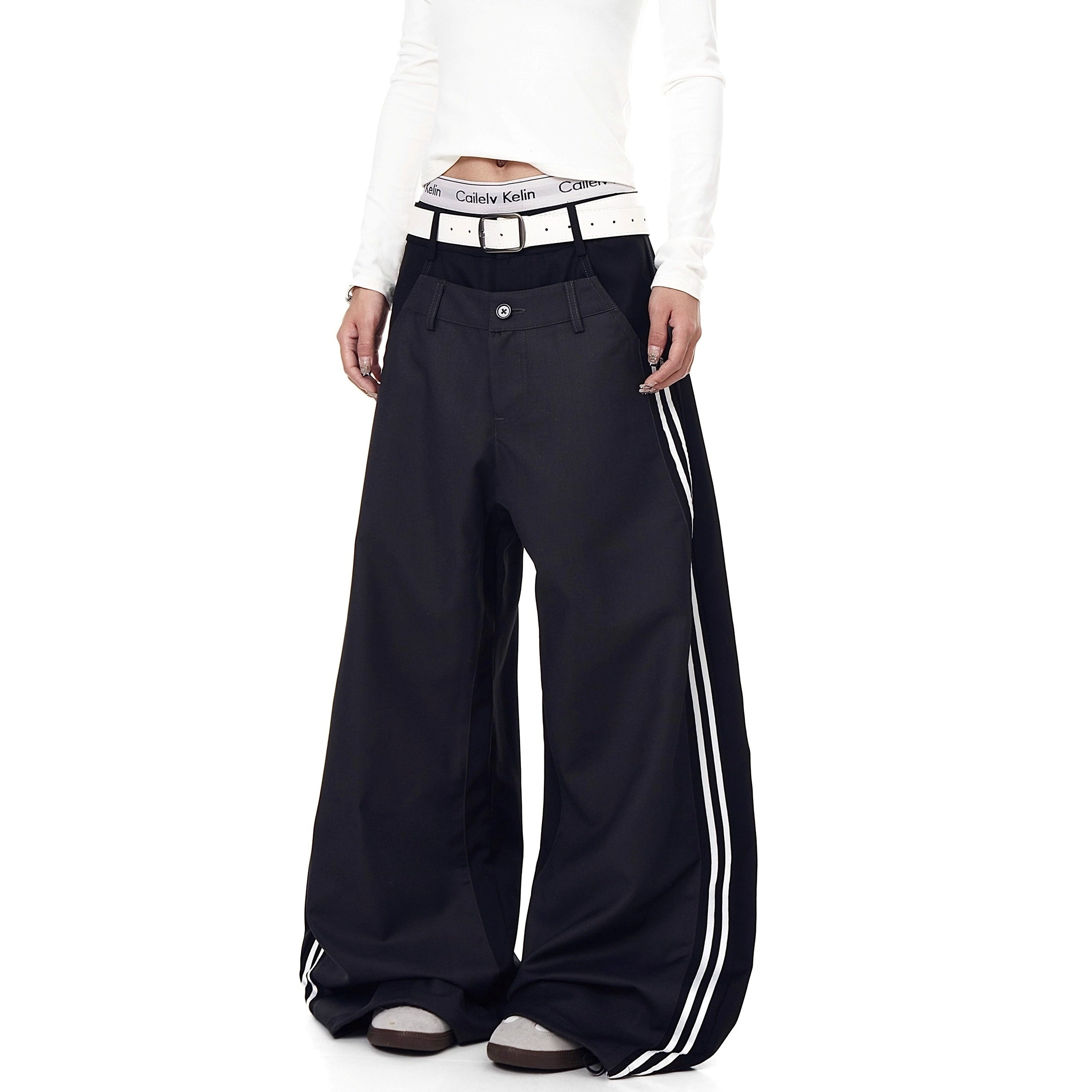 Double-Waisted Striped Wide Curve Pants BK7008