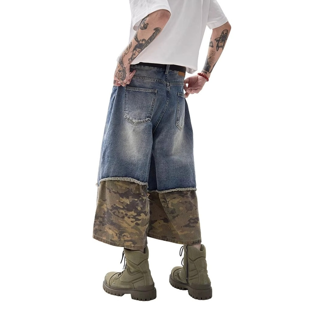 Stitching Camouflage Loose Denim Half Pants MW10218