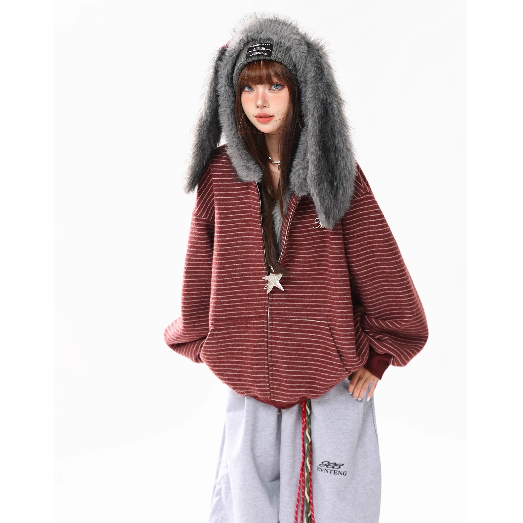 Fur Collar Rabbit Ear Border Zip Hooded Parka MW10293