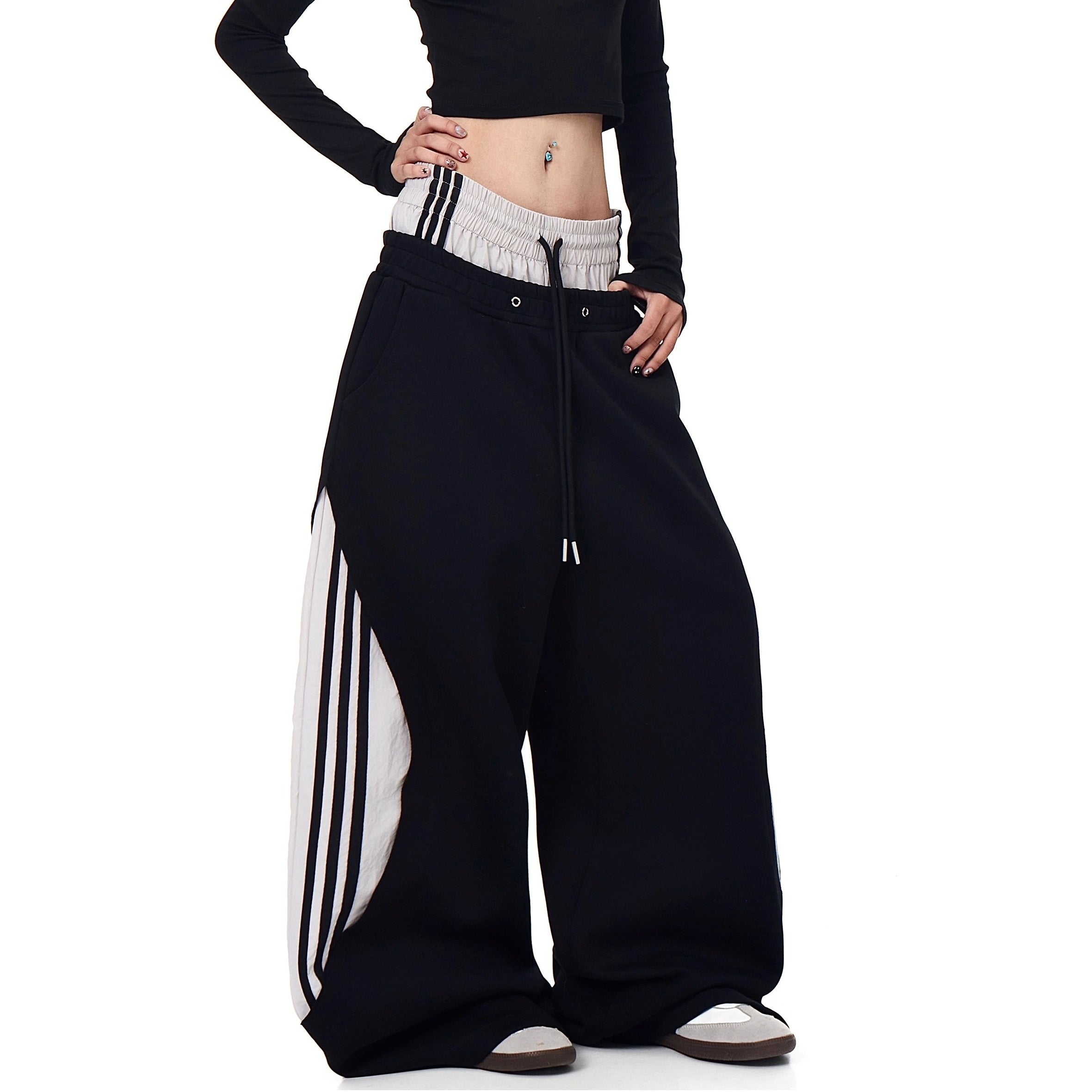 Double-Waist Striped Splicing Scimitar Sweat Pants BK7050