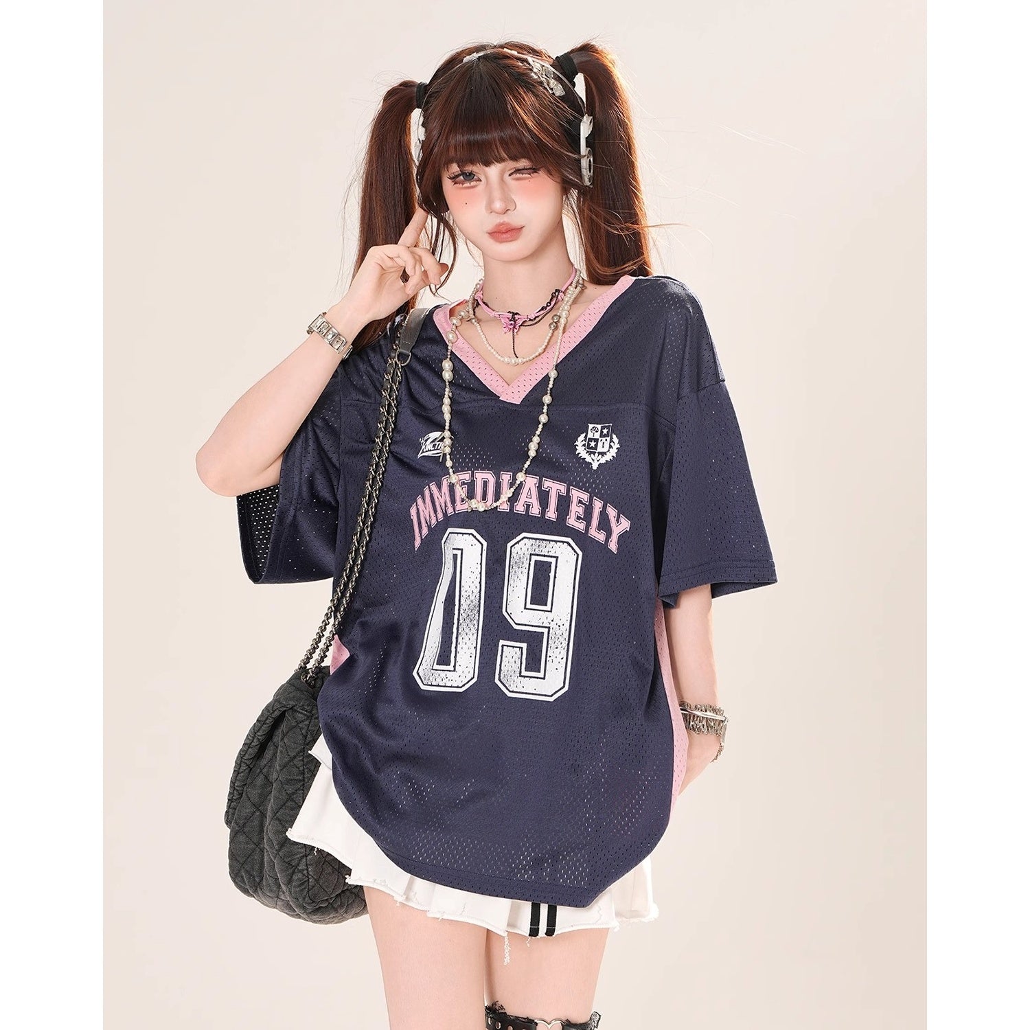 Drop-shoulder V-Neck Mesh T-Shirt KK2070