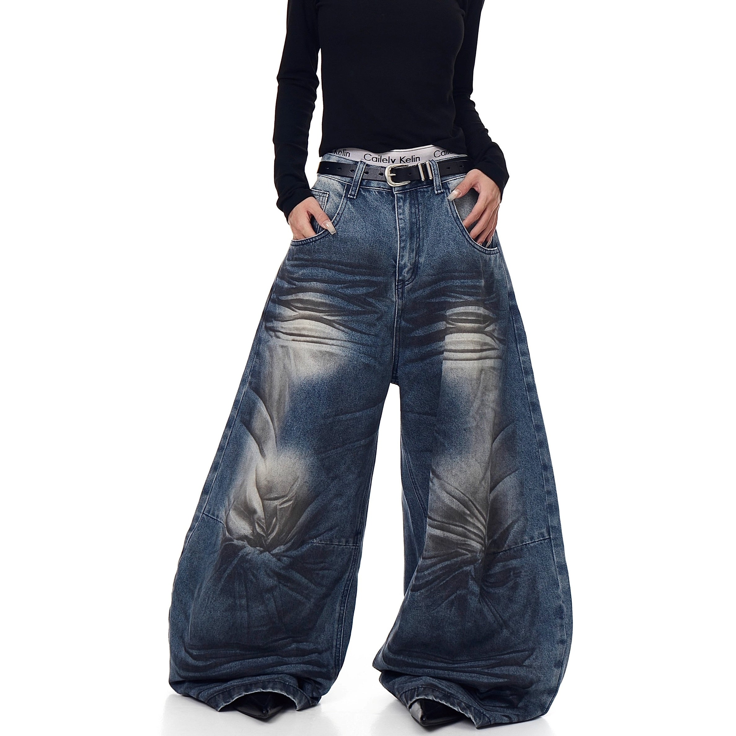 Washed Cat Whisker Printed Scimitar Jeans BK7029