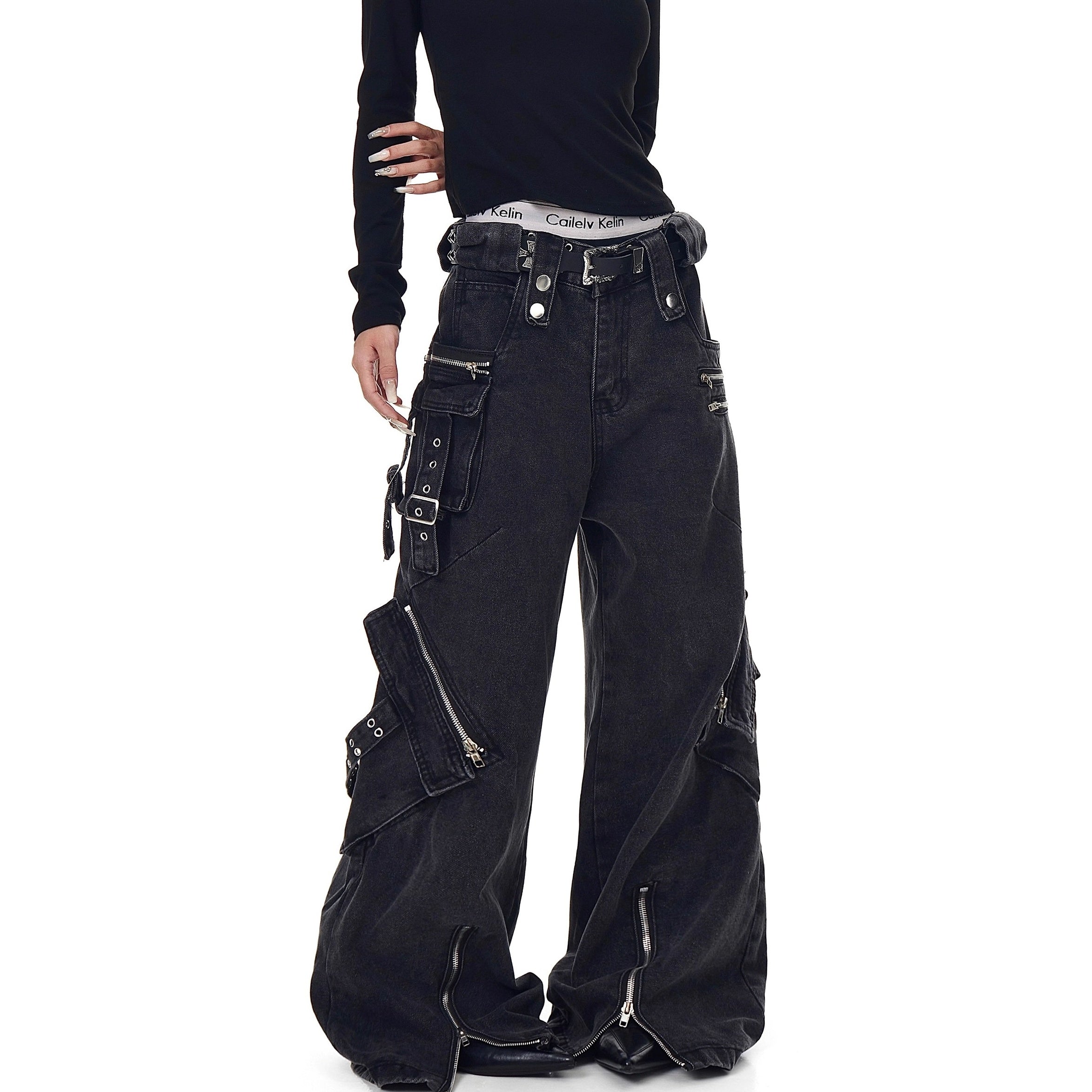 Heavy Washed Zipper Design Cargo Jeans BK7023