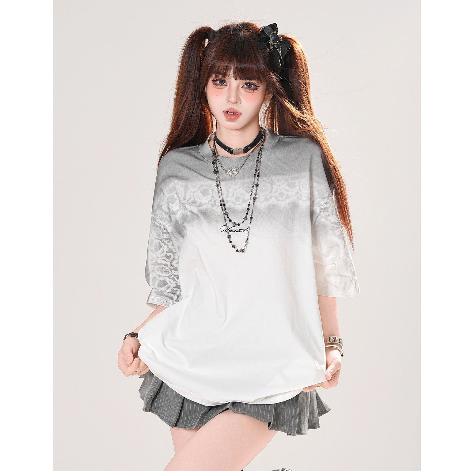 Lace Print Gradation Loose T-shirt KK2071
